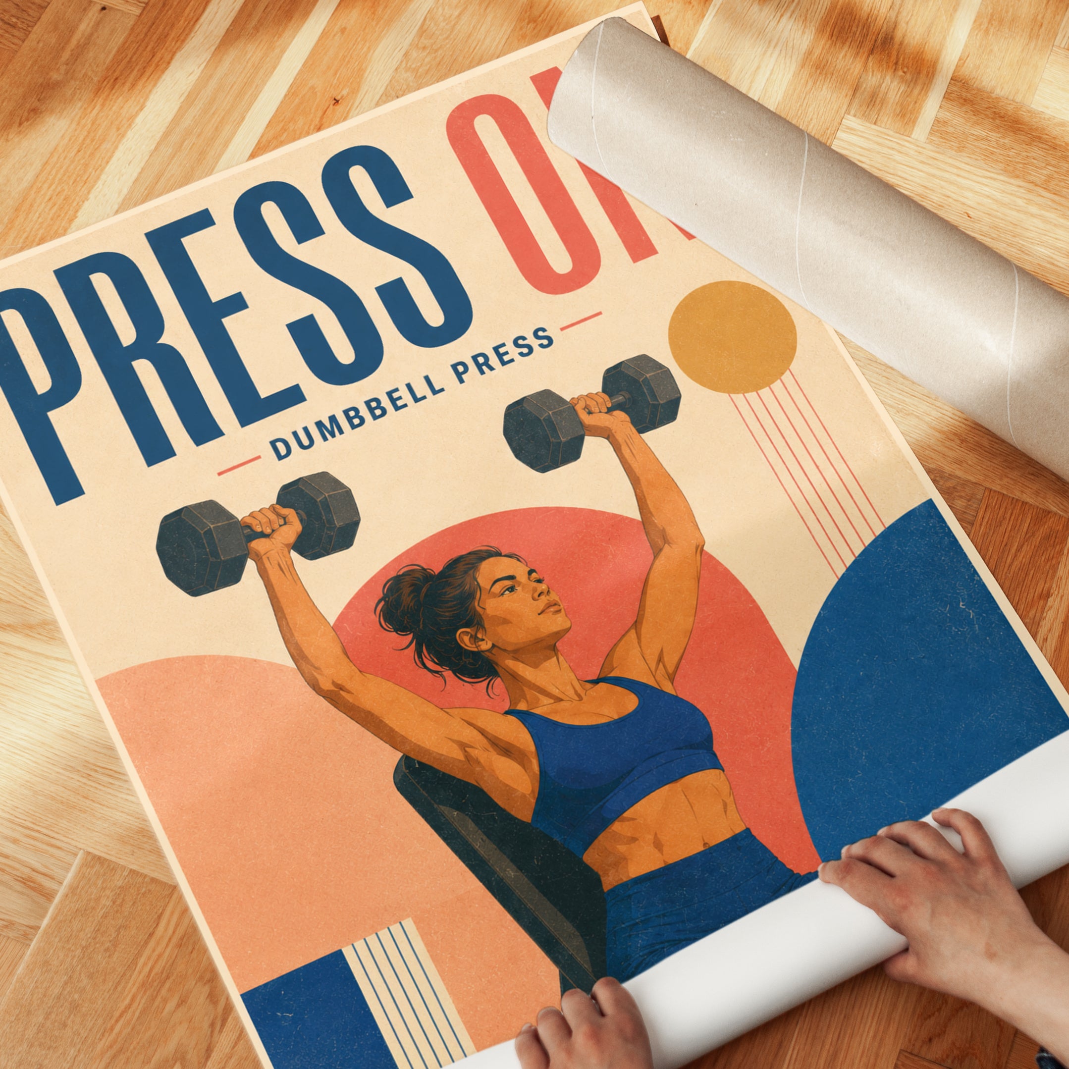 Press On Dumbbell Fitness Poster: Retro Art Deco Gym Wall Art - detail