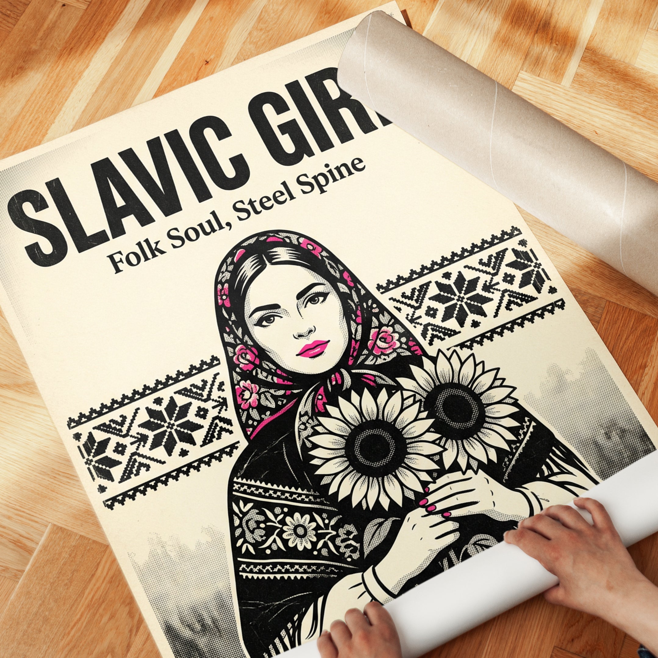 Slavic Folk Art Print: Woman with Sunflowers and Traditional Pattern - detail