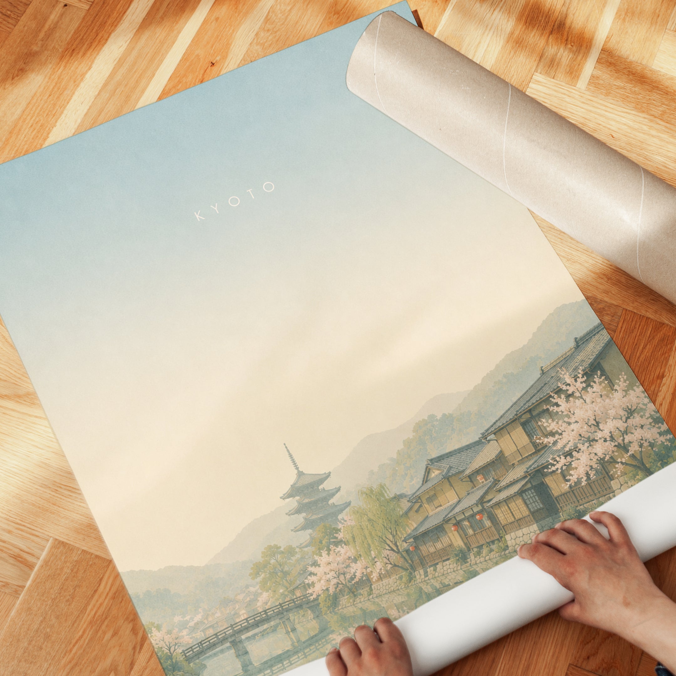 Kyoto Temple Landscape Print: Soft Pastel Japanese Cityscape Art - detail