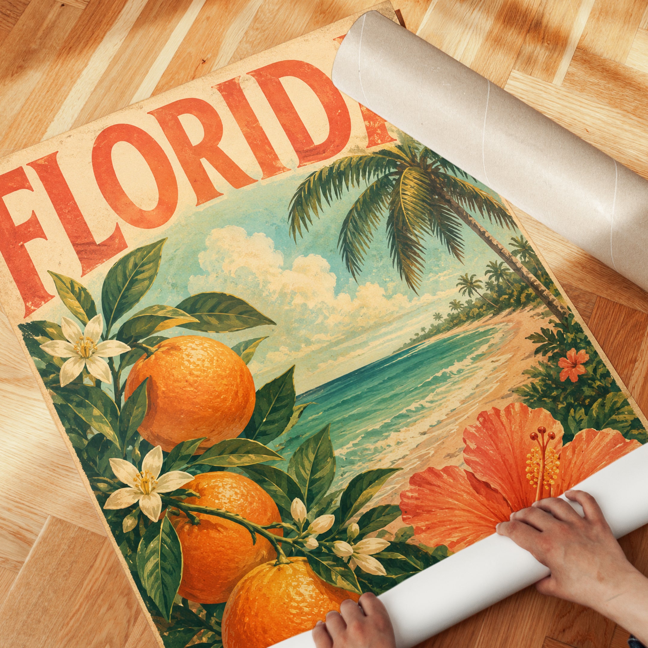 Florida Oranges Travel Poster: Vintage Tropical Beach Art Print - detail