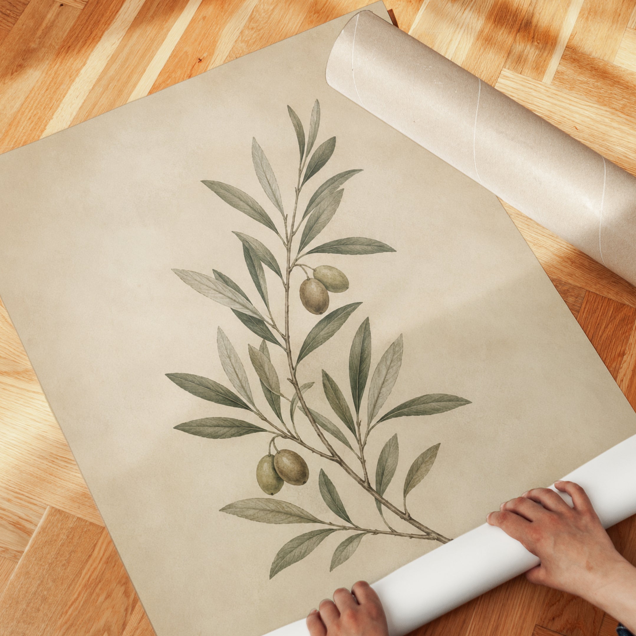 Olive Branch Botanical Print — Vintage Watercolor Style - detail