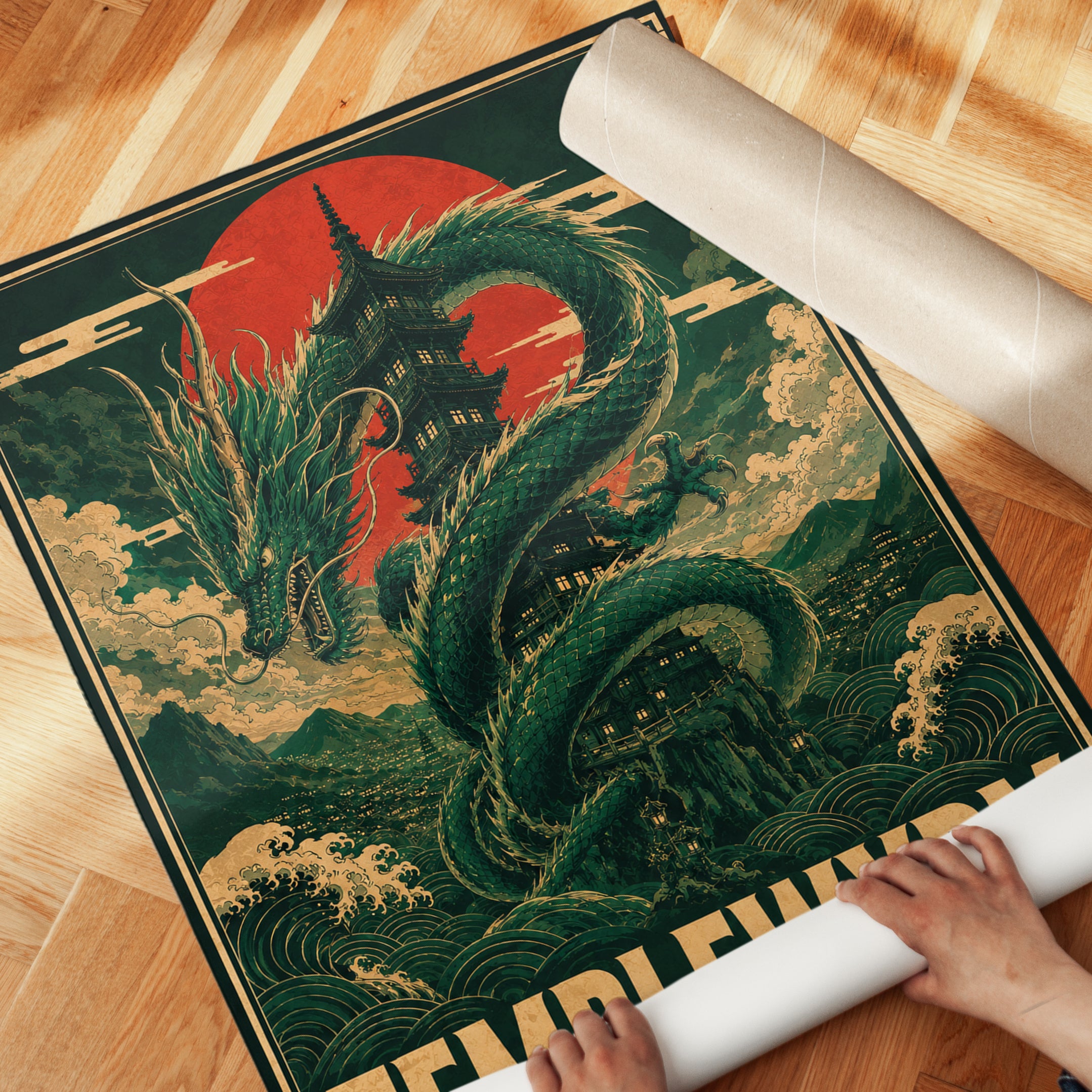 Dragon Pagoda Wall Art: Vintage Japanese Poster - detail