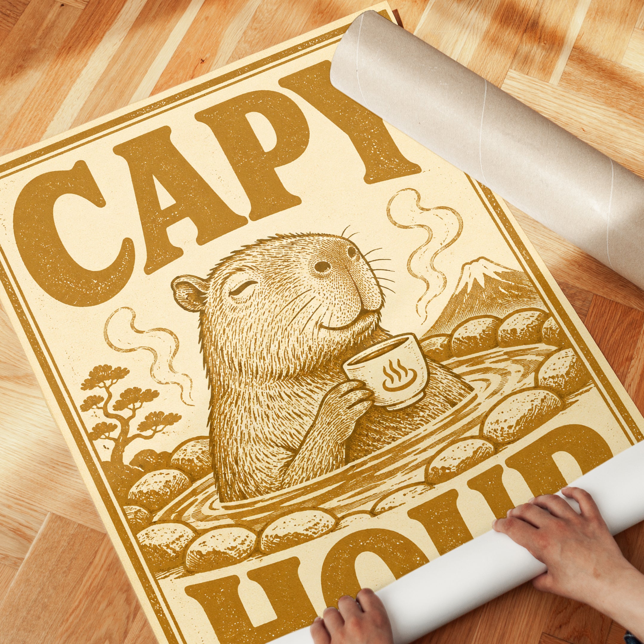 Capybara Wall Art: Vintage Japanese Onsen - detail