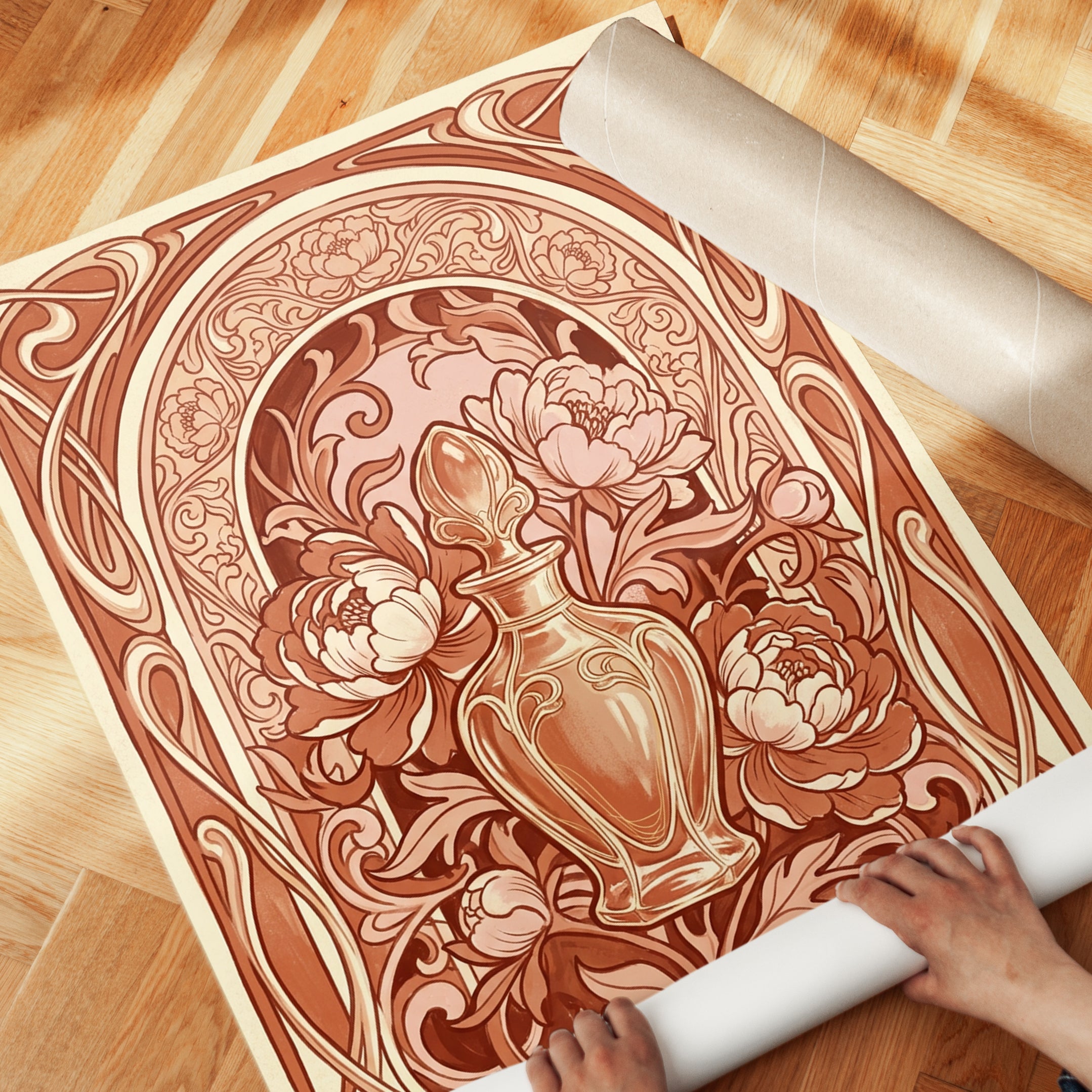 Art Nouveau Floral Print — Vintage Vase & Peonies - detail