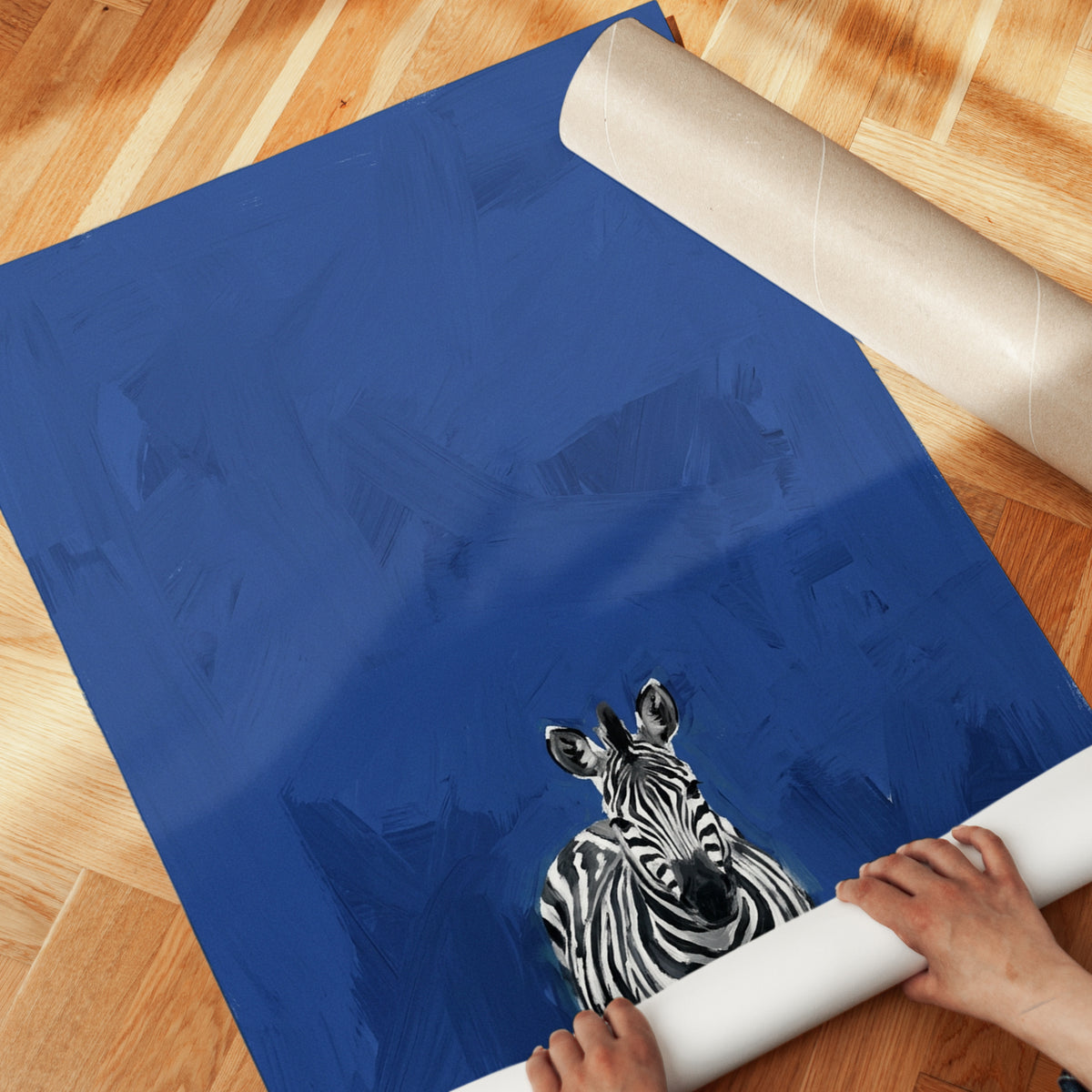 Zebra Art Print — Bold Blue Background - detail