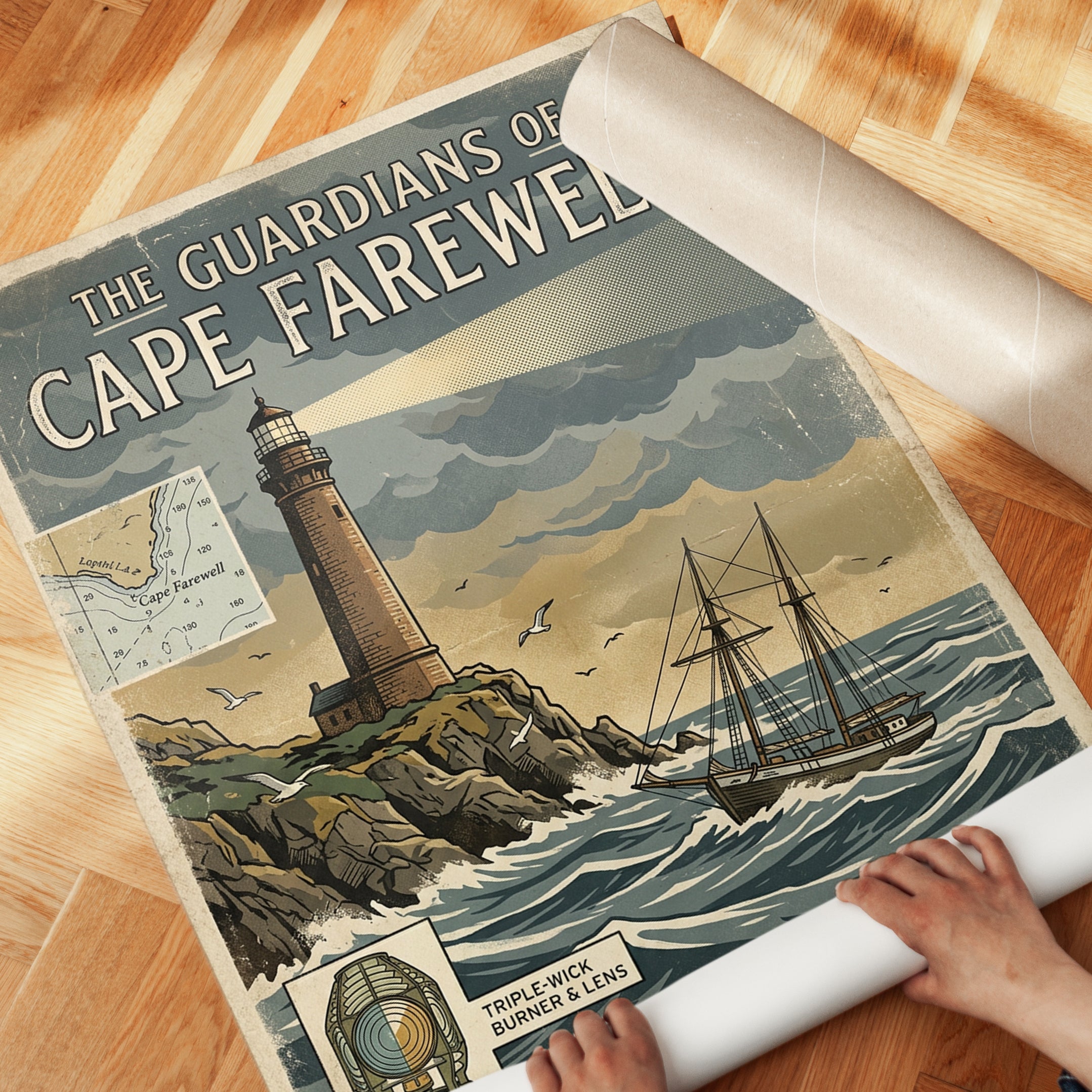 Cape Farewell Lighthouse Poster: Vintage Maritime Navigation Art - detail