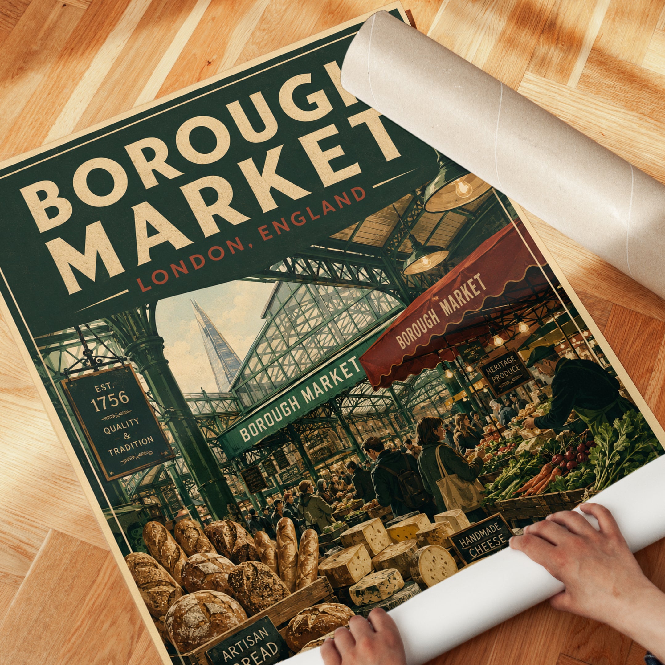 Borough Market London Print — Vintage Travel Poster Style - detail