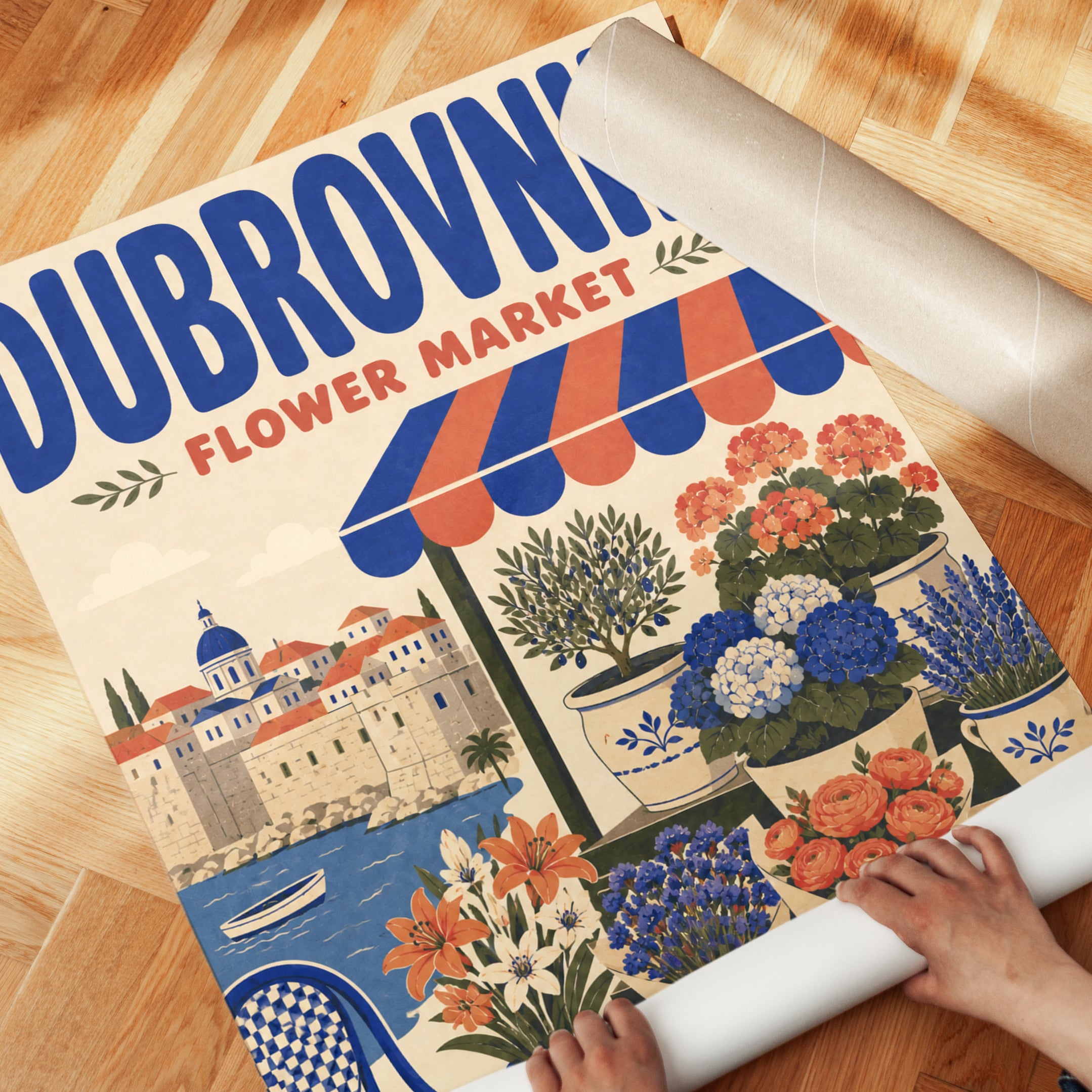 Dubrovnik Flower Market Print: Vintage Travel Poster Style - detail