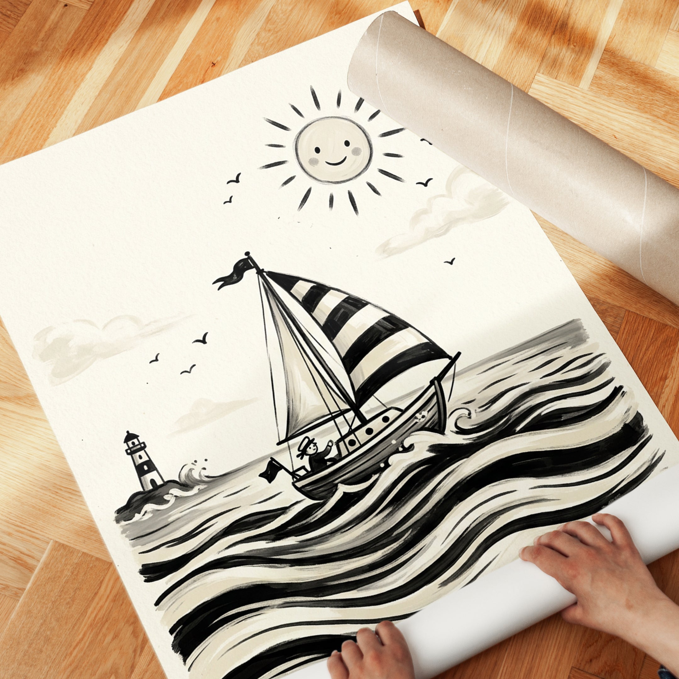 Sailboat and Lighthouse Art Print: Whimsical Nautical Ink Design - detail