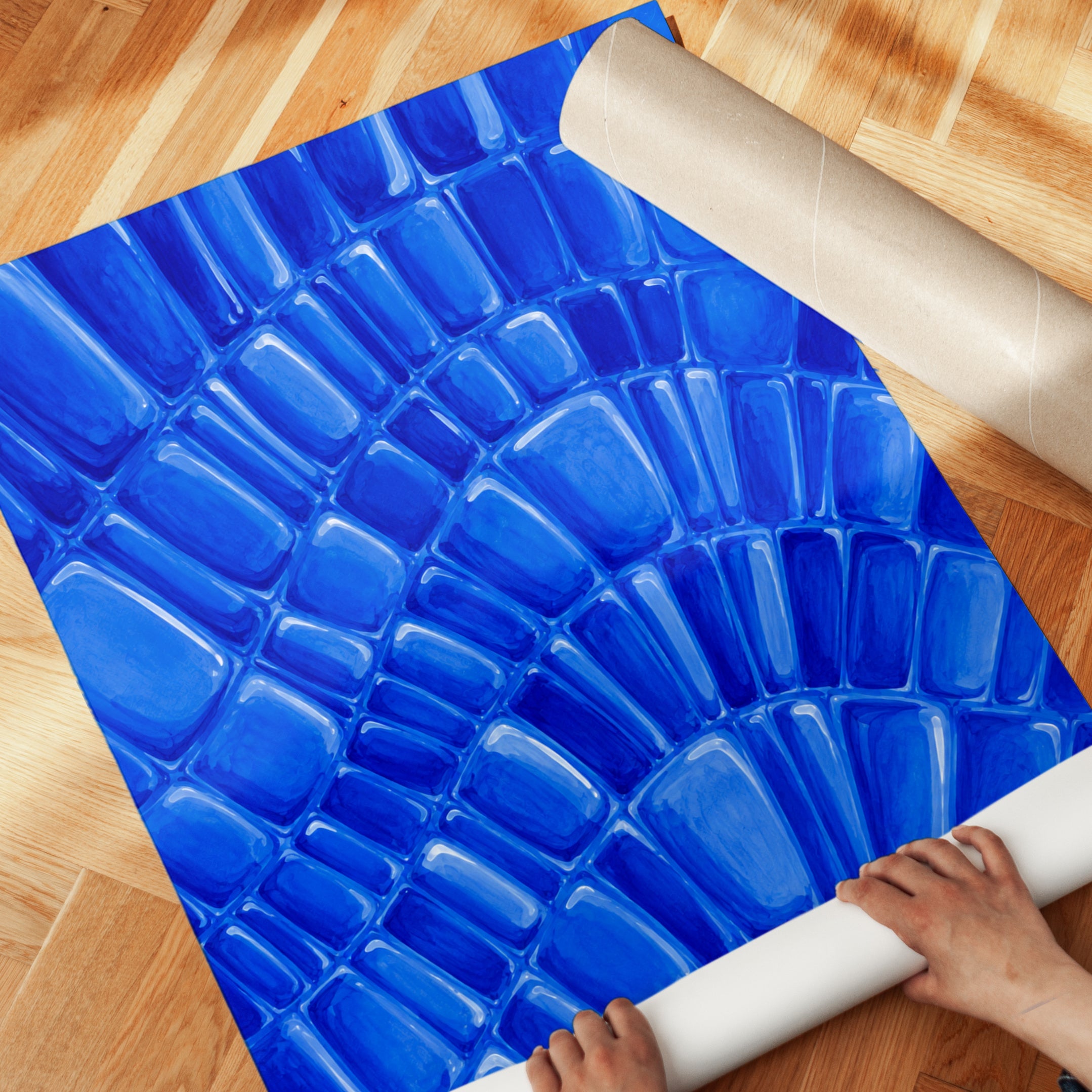 Blue Glass Mosaic Art Print: Abstract Radial Pattern - detail