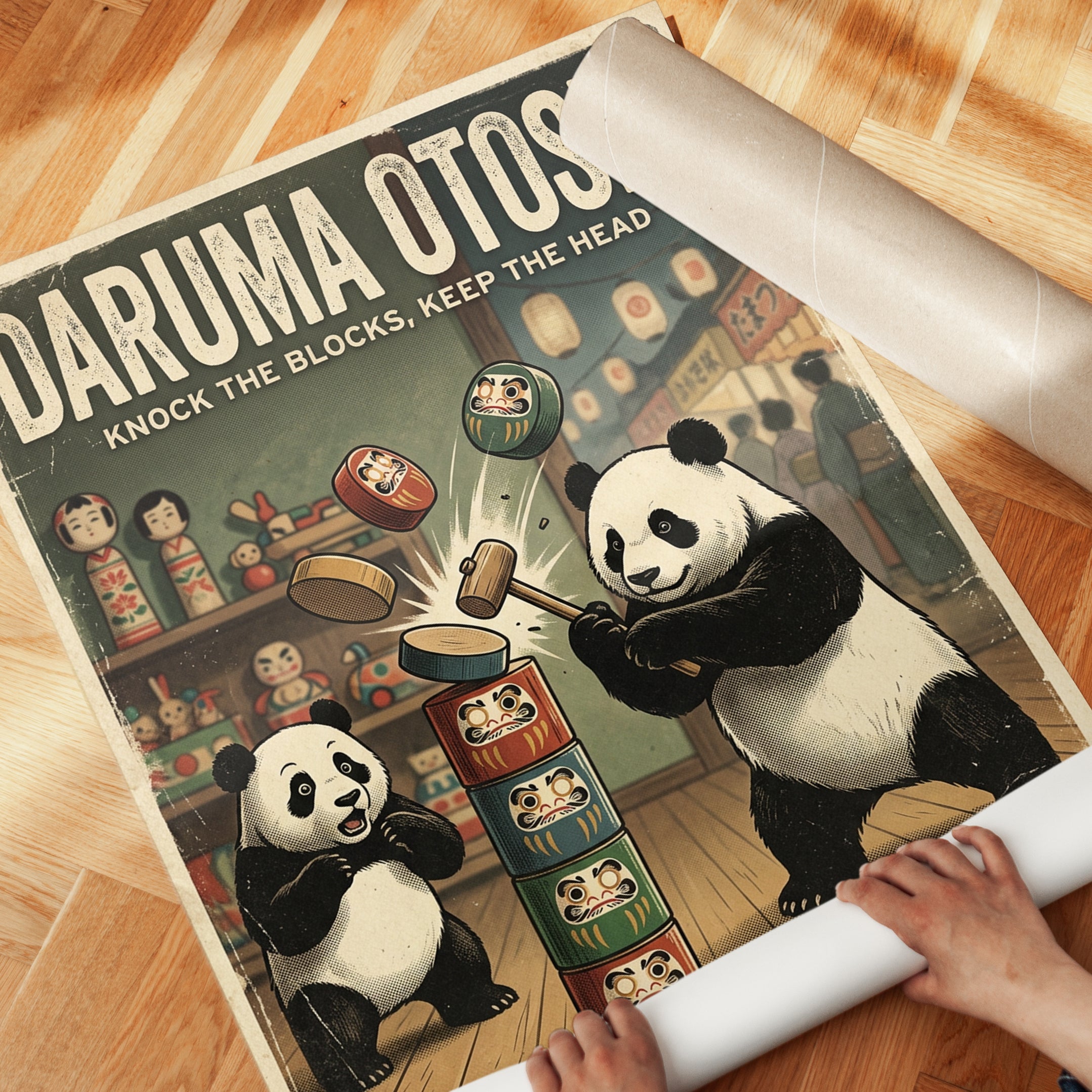 Daruma Otoshi Panda Game Poster: Retro Japanese Toy Art Print - detail