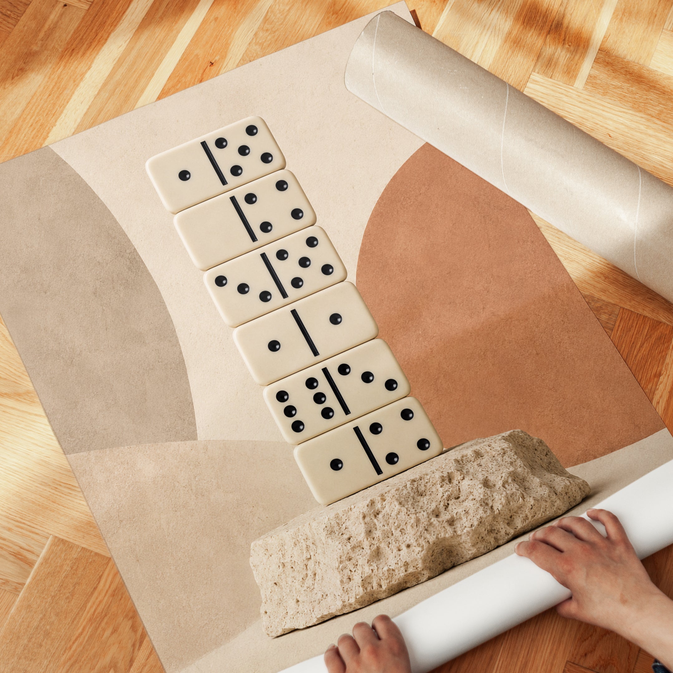 Stacked Luck Domino Tower Print: Minimalist Beige Still Life - detail