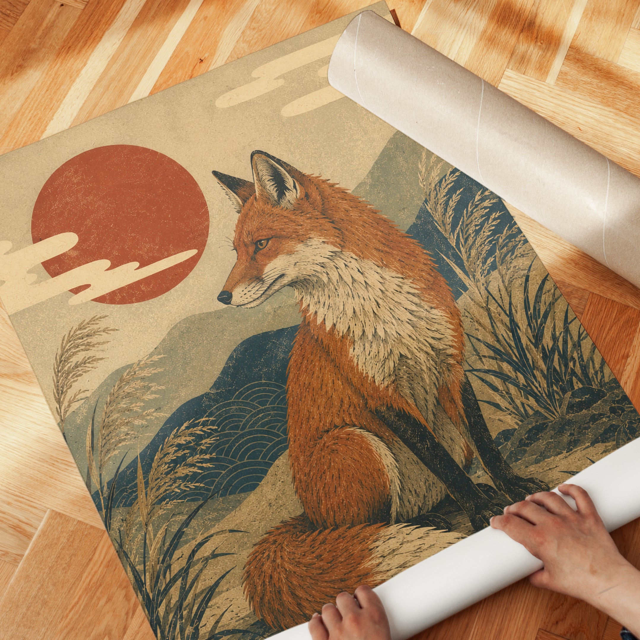 Fox Illustration Print: Japanese Ukiyo-e Inspired Art (A4 and Larger) - detail