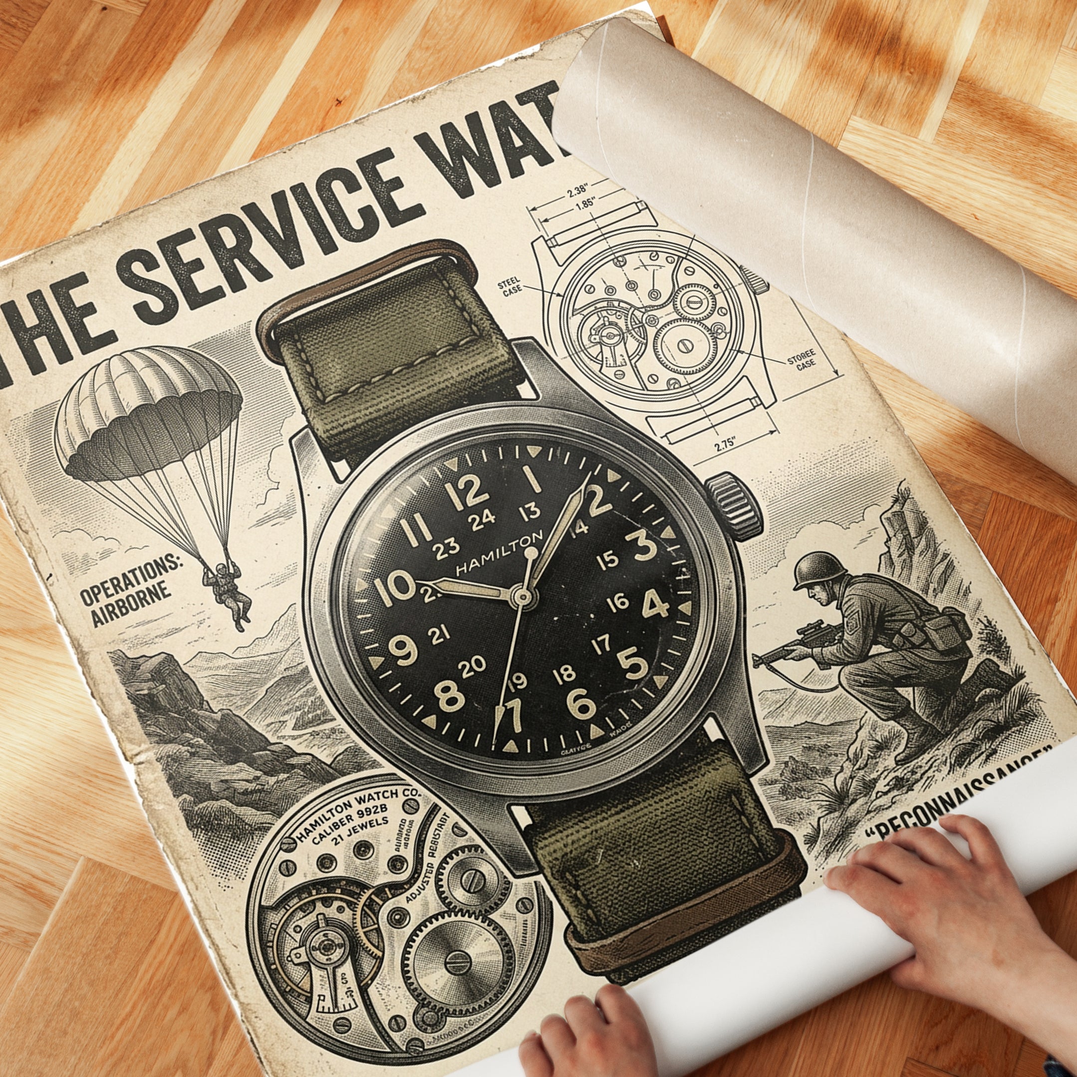 Vintage Military Watch Poster: Hamilton Field Watch Advertisement - detail