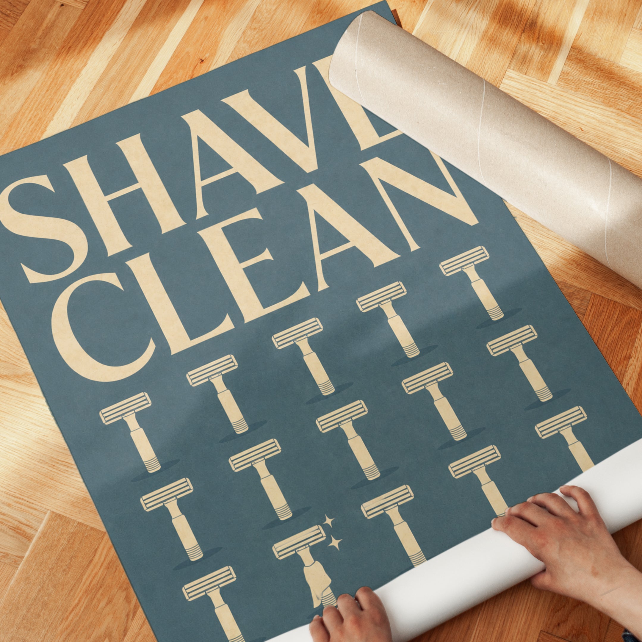 Shave Clean Vintage Poster: Retro Barber Shop Wall Art - detail