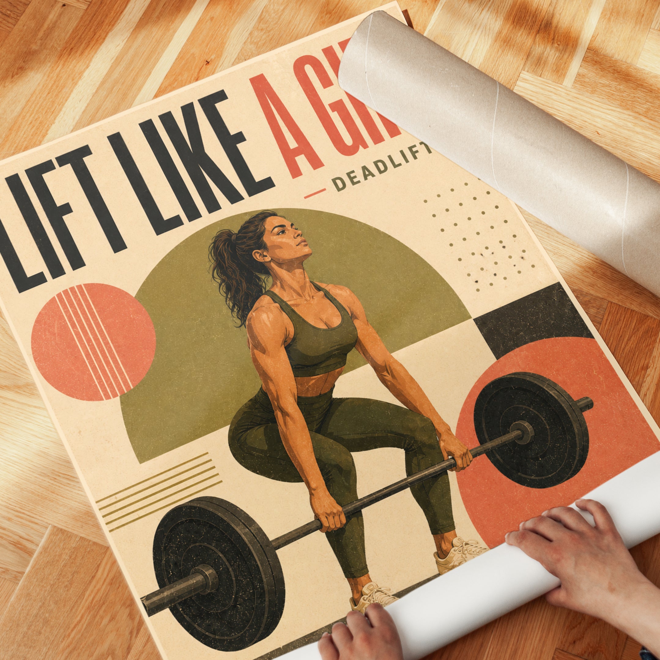 Strong Woman Lifting Wall Art Print — Retro Gym Poster - detail