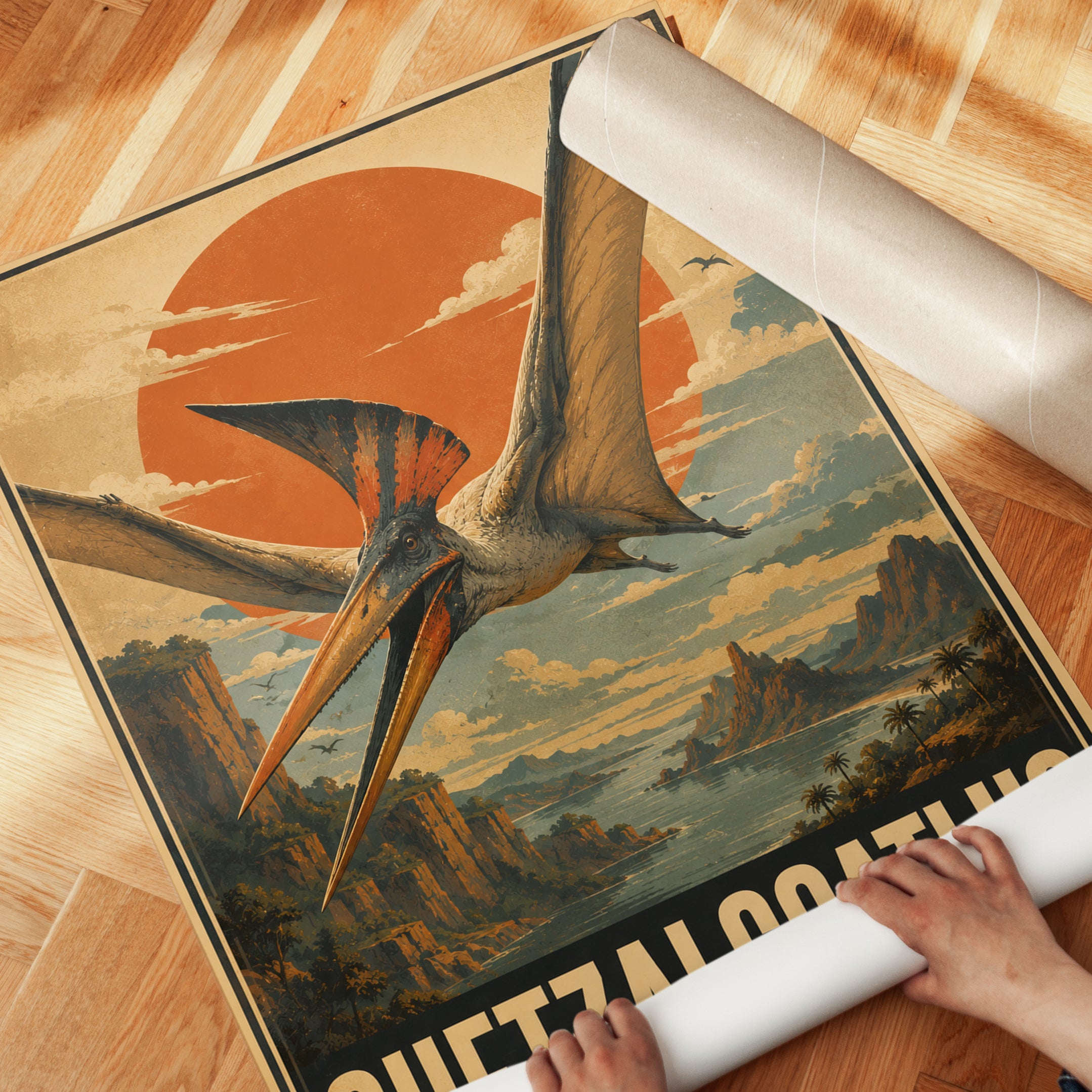 Quetzalcoatlus Poster: Vintage Dinosaur Travel Art Print - detail