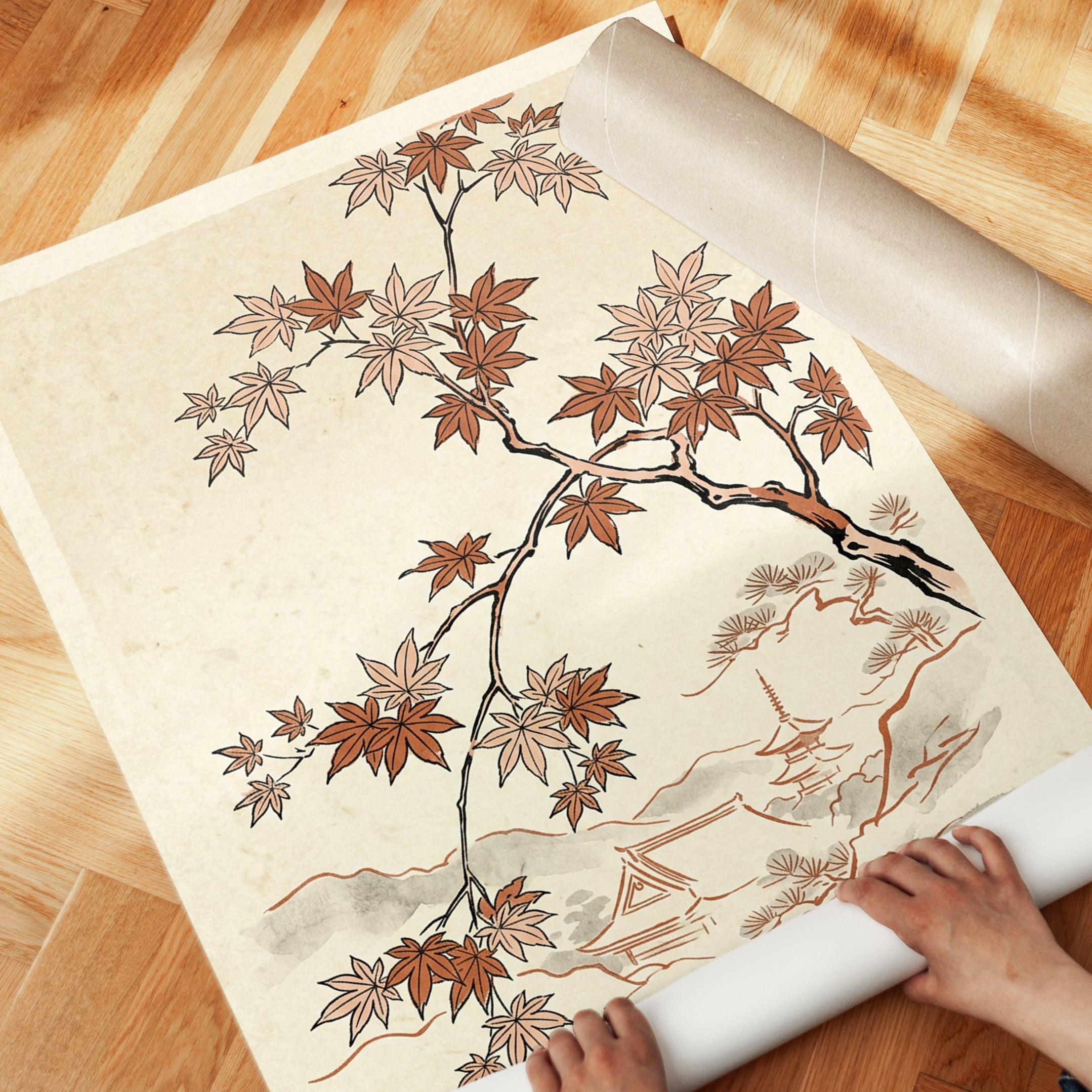 Japanese Maple Branches Art Print: Traditional Asian Landscape - detail