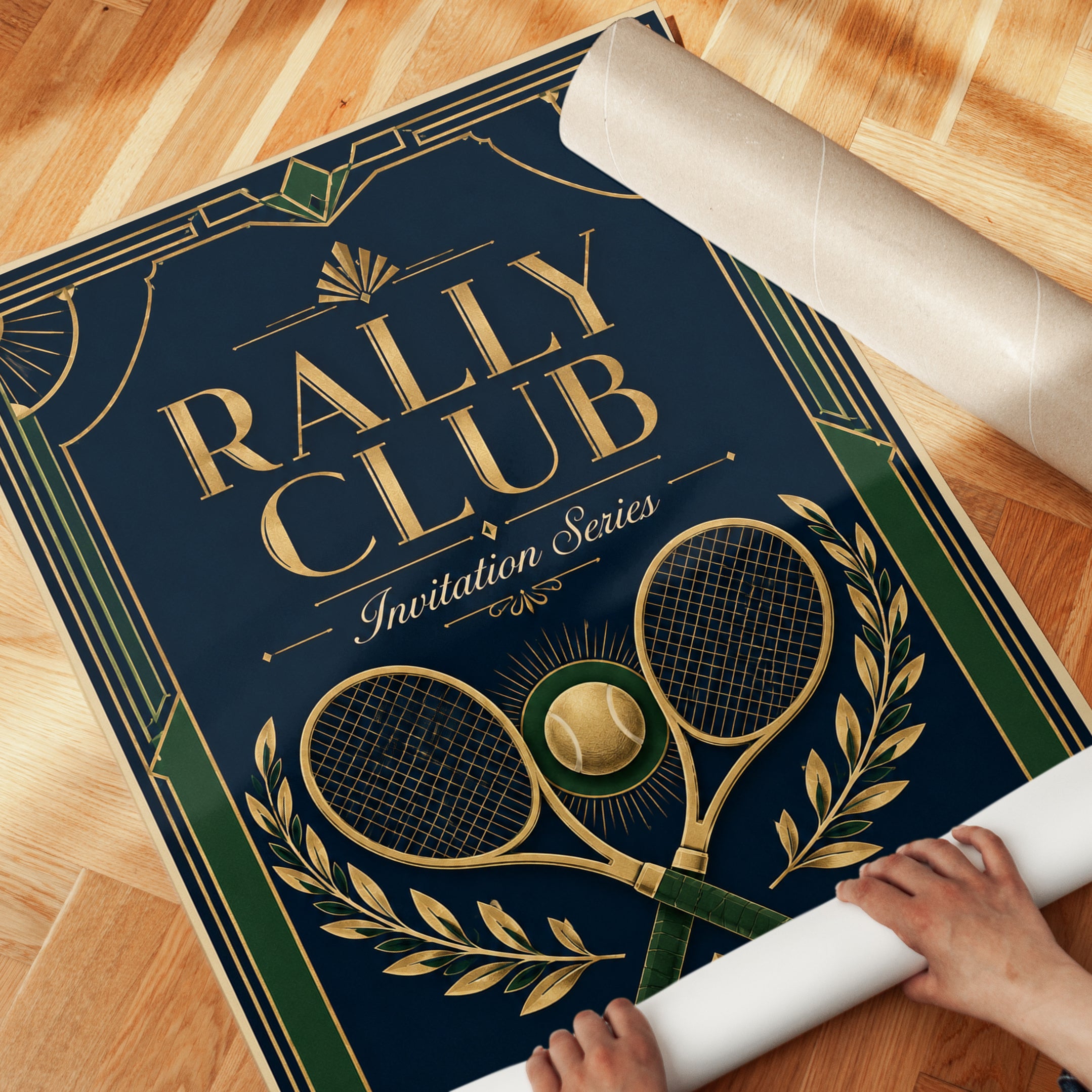 Art Deco Tennis Poster: Navy and Gold Vintage Rally Club Print - detail