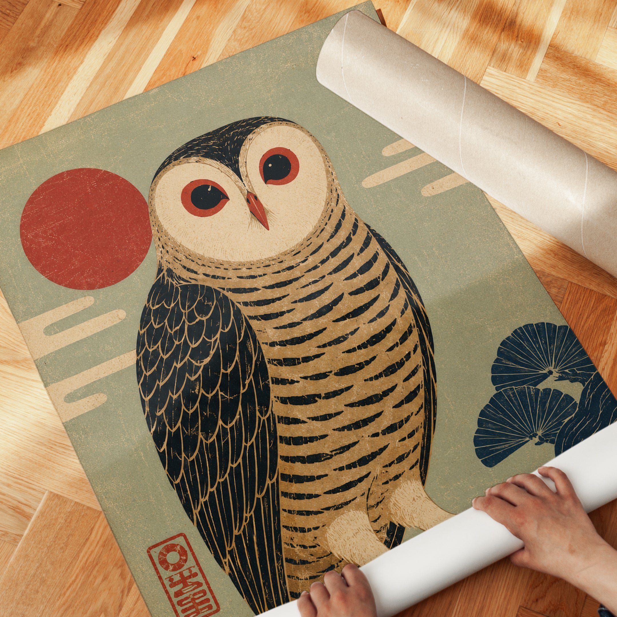 Owl Wall Art Print: Japanese Vintage Woodblock - detail