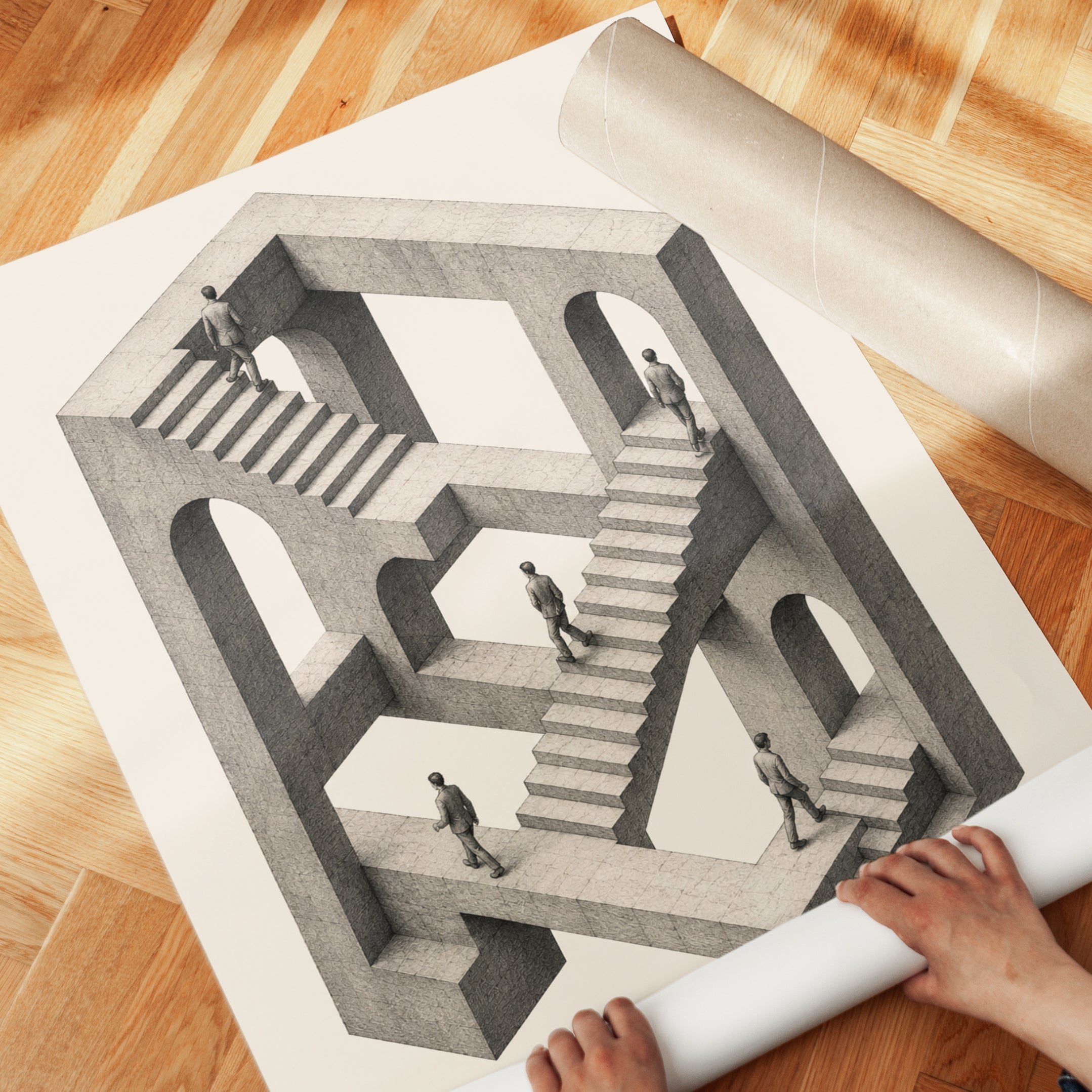 Impossible Staircase Art Print: Escher Style Optical Illusion - detail