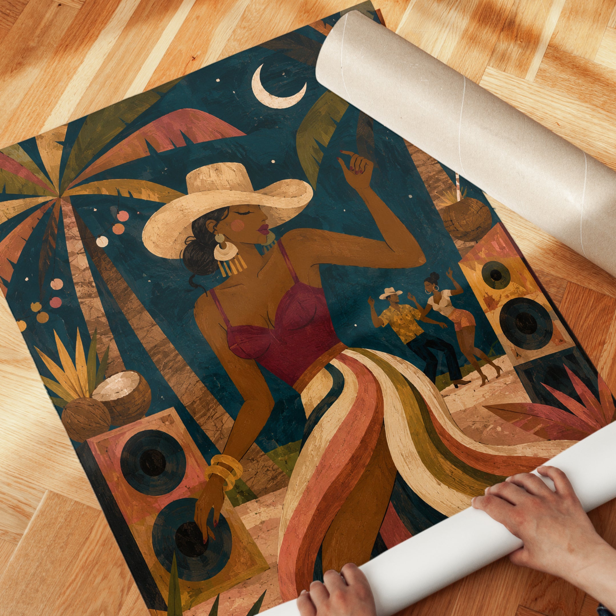 Tropical Beach Party Art Print: Retro Textured Caribbean Scene - detail