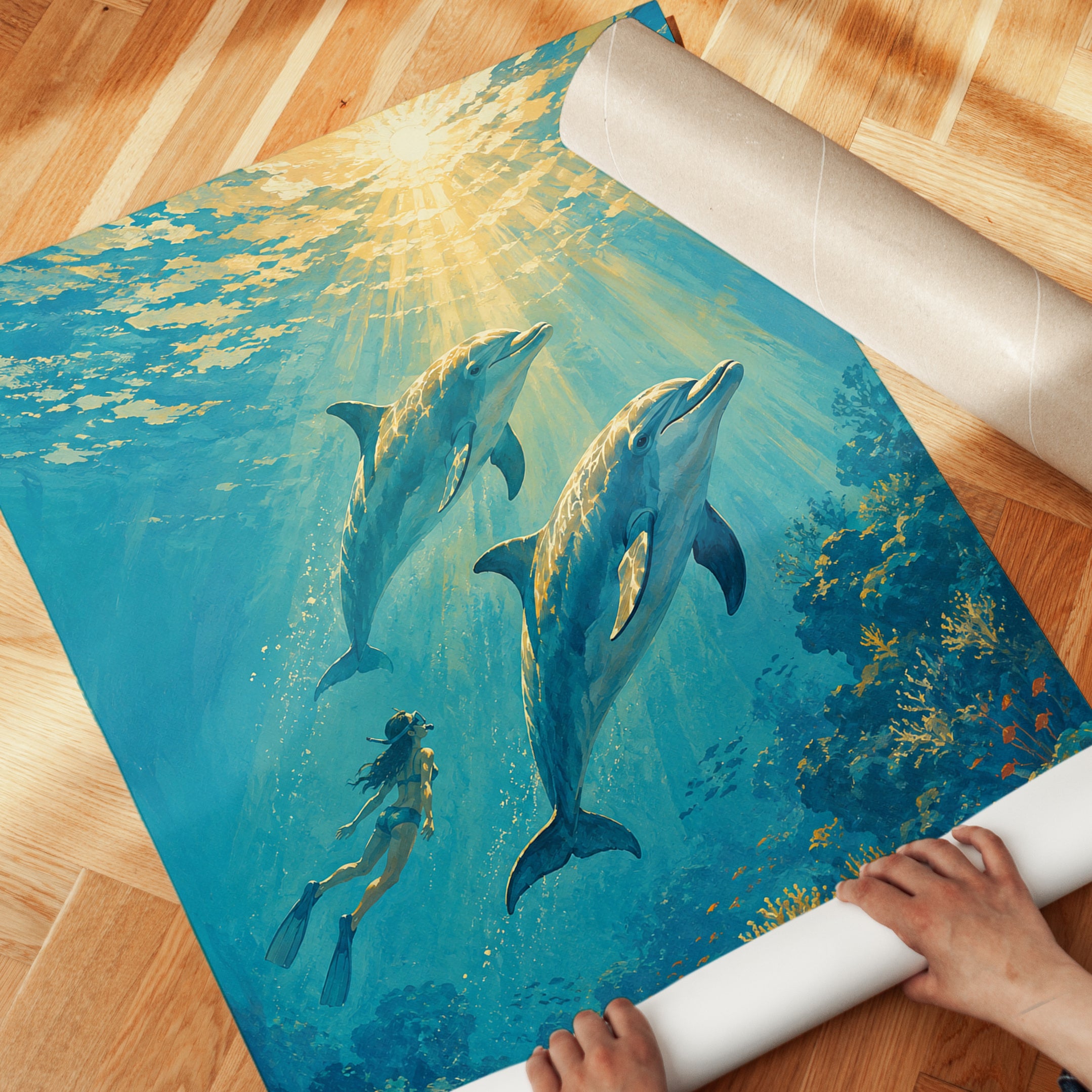 Dolphins and Diver Underwater Print: Turquoise Ocean Scene - detail
