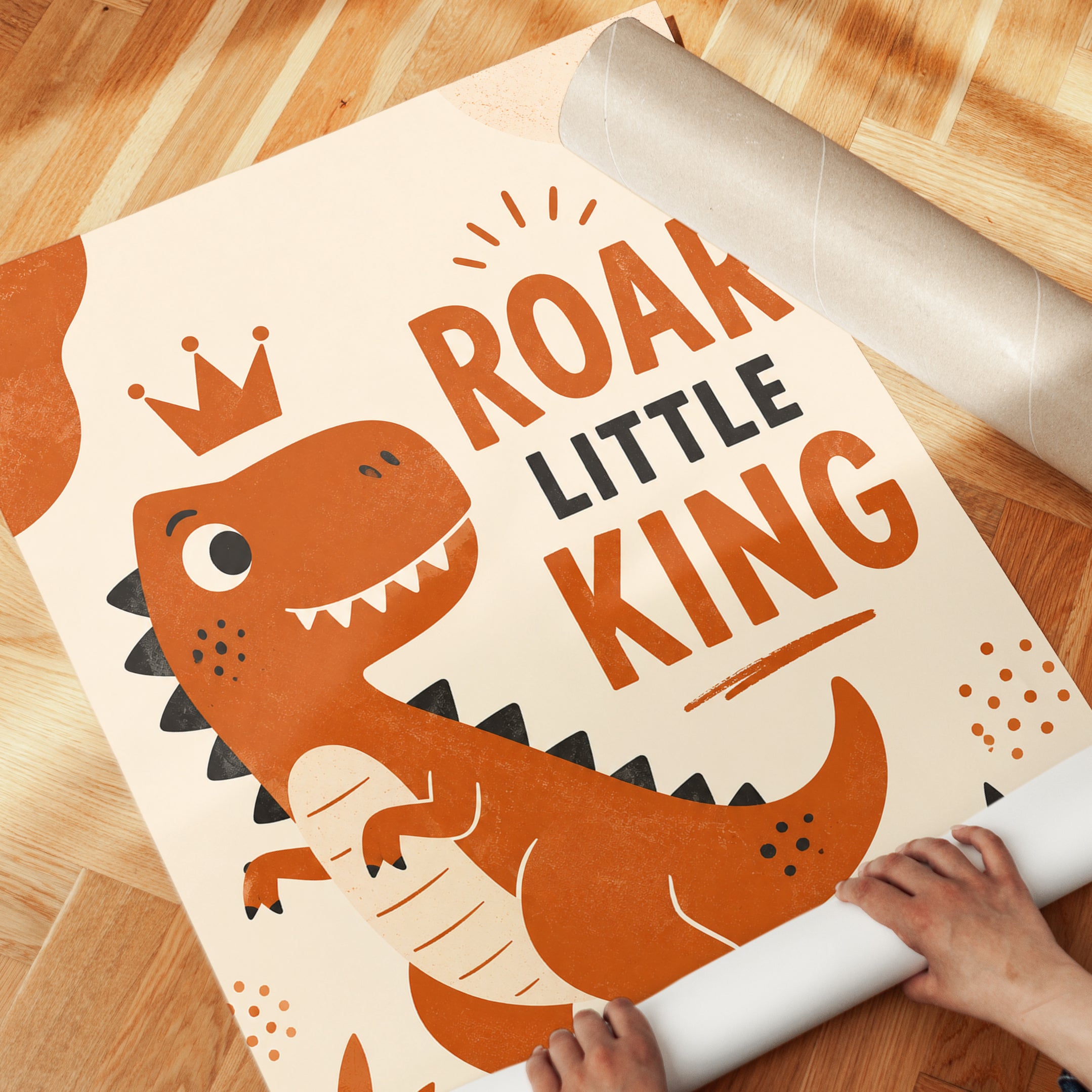 Roar Little King Dinosaur Poster: Retro Orange Nursery Art Print - detail