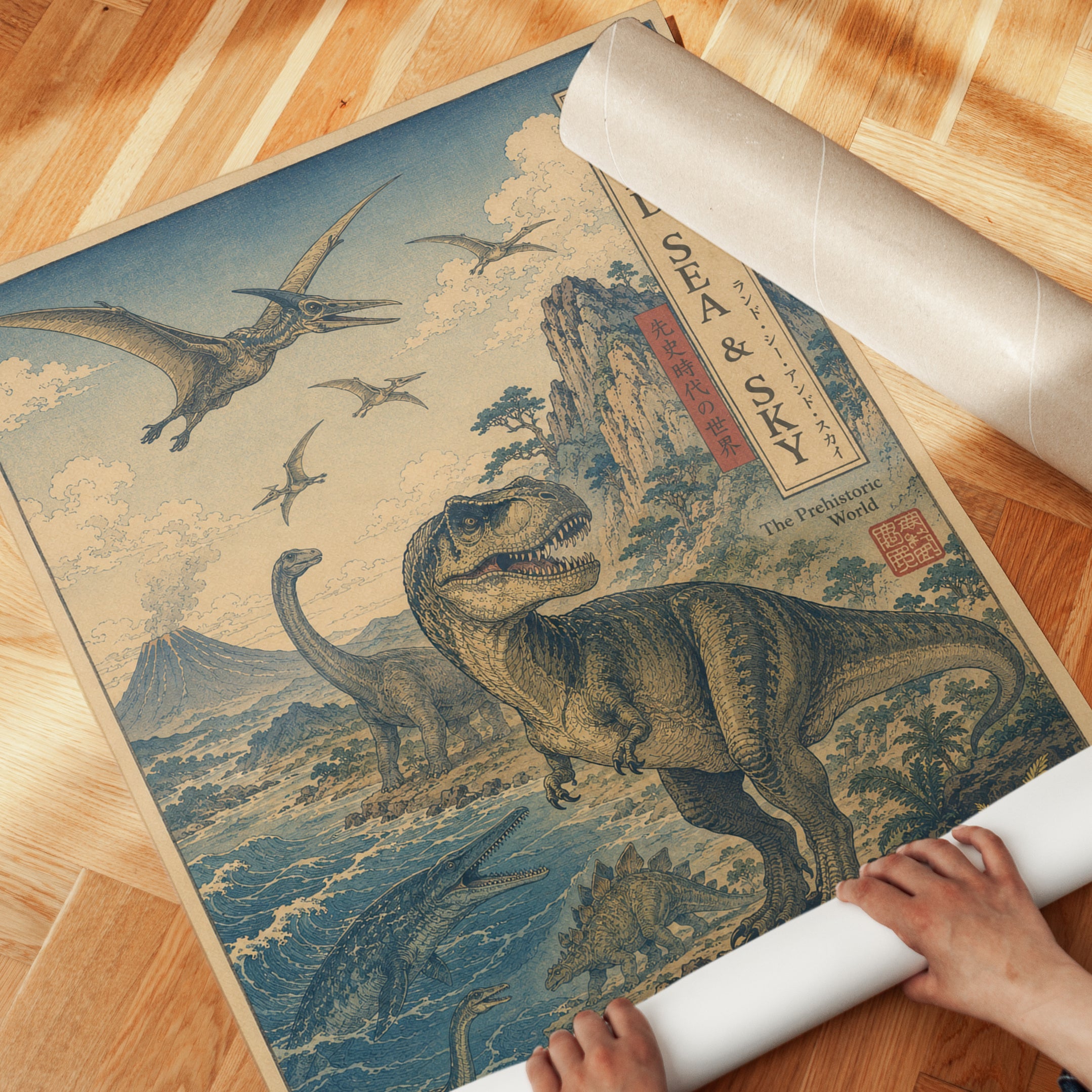 Dinosaur Landscape Art Print: Japanese Ukiyo-e Style Poster - detail