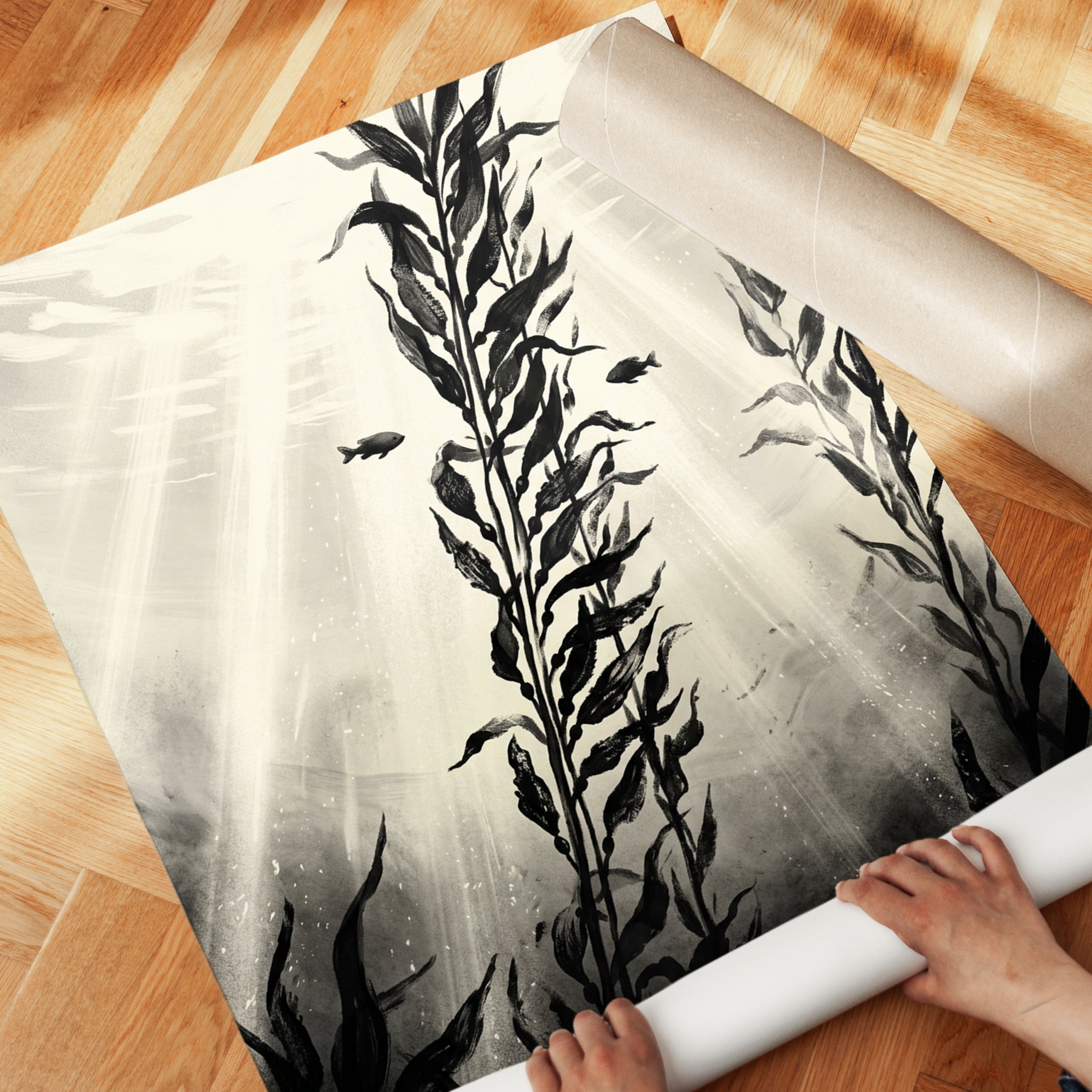Underwater Kelp Forest Art Print: Black and White Ocean Scene - detail