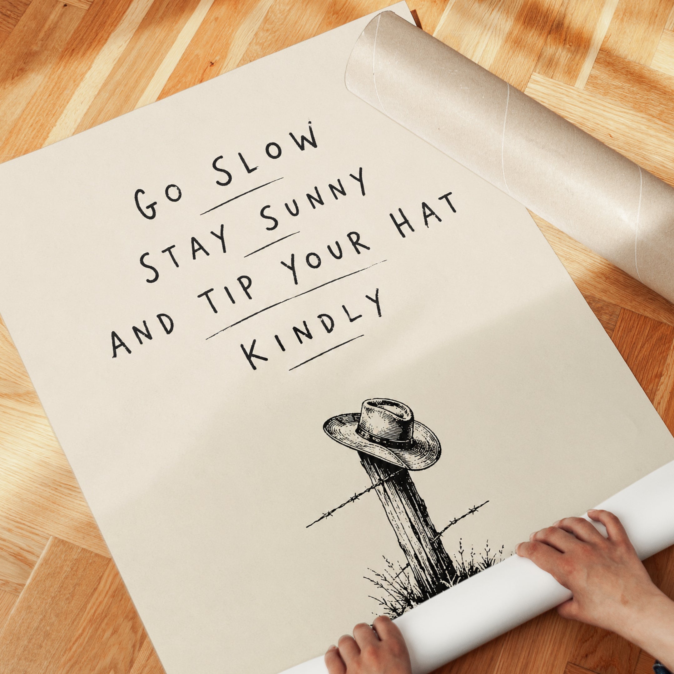 Go Slow Stay Sunny Typography Print: Minimalist Ink Fence Post - detail