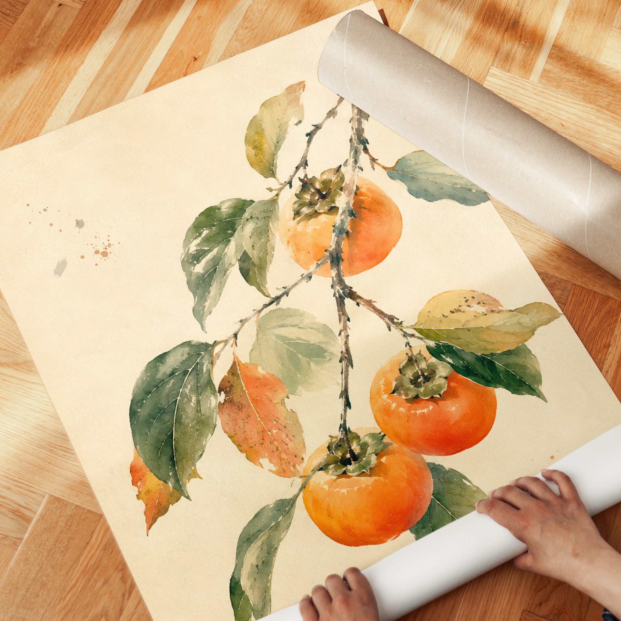 Persimmon Watercolor Print – Botanical Wall Art - detail