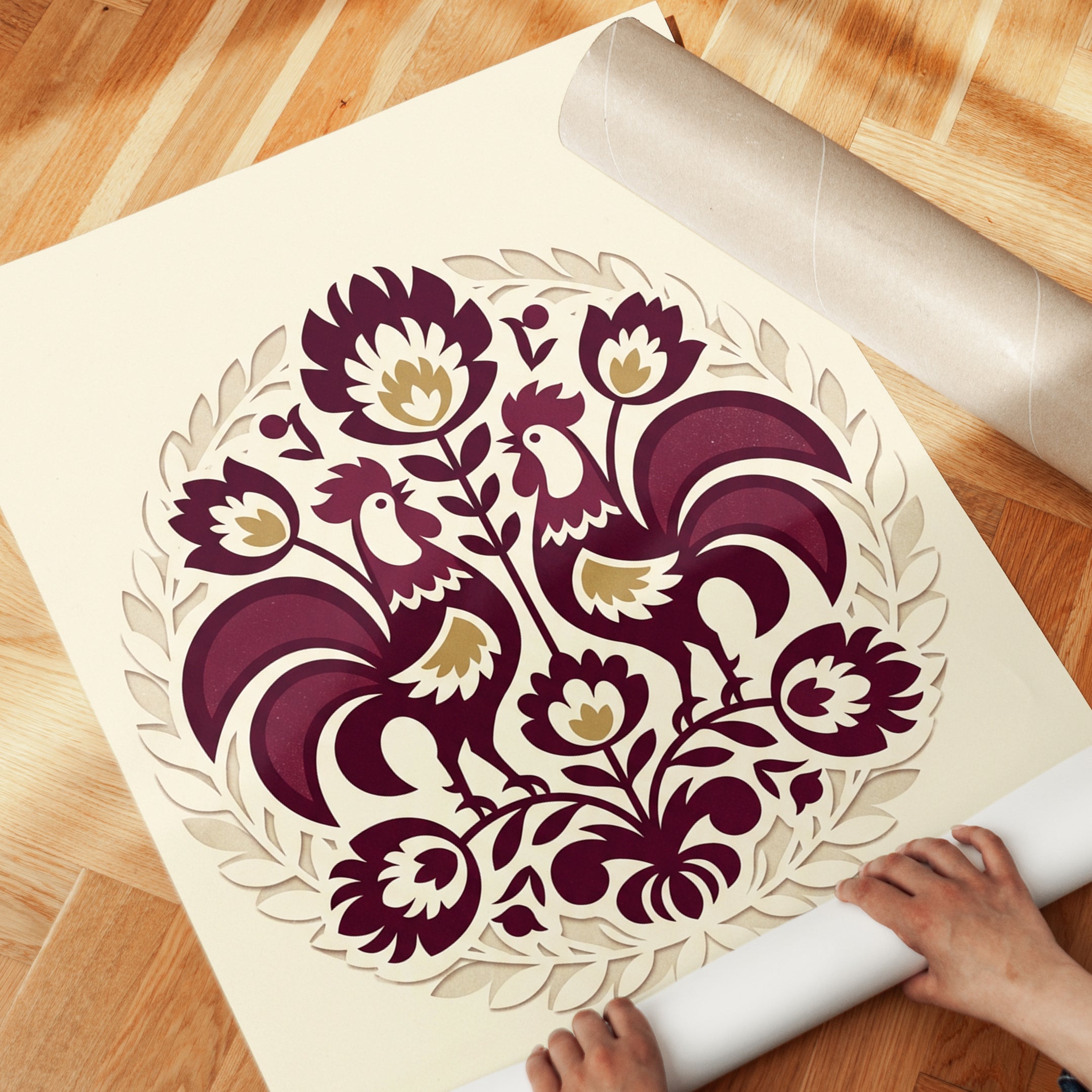Folk Art Roosters Print: Burgundy Symmetrical Floral Design - detail