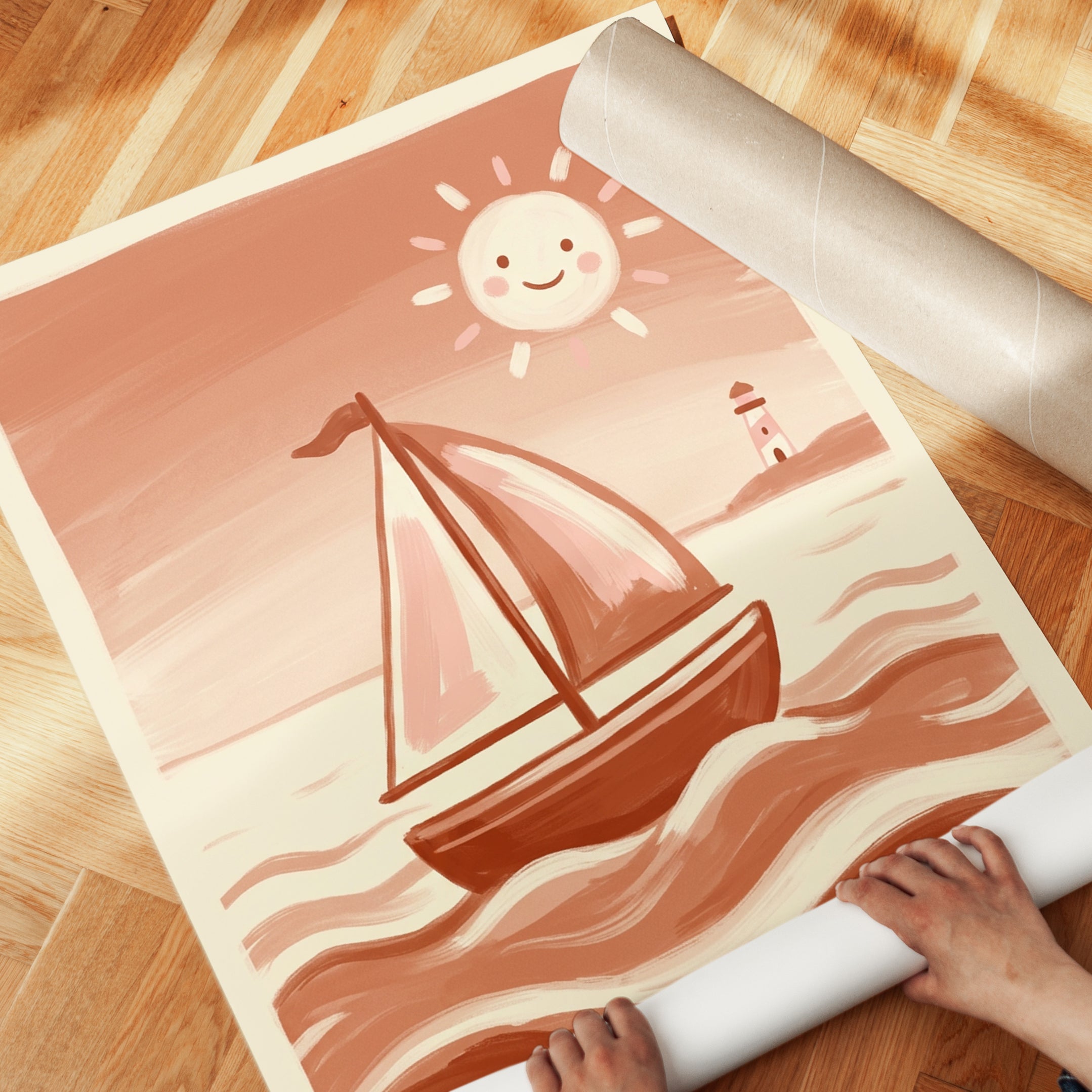 Sailboat at Sunset Poster: Whimsical Coastal Nursery Art Print - detail