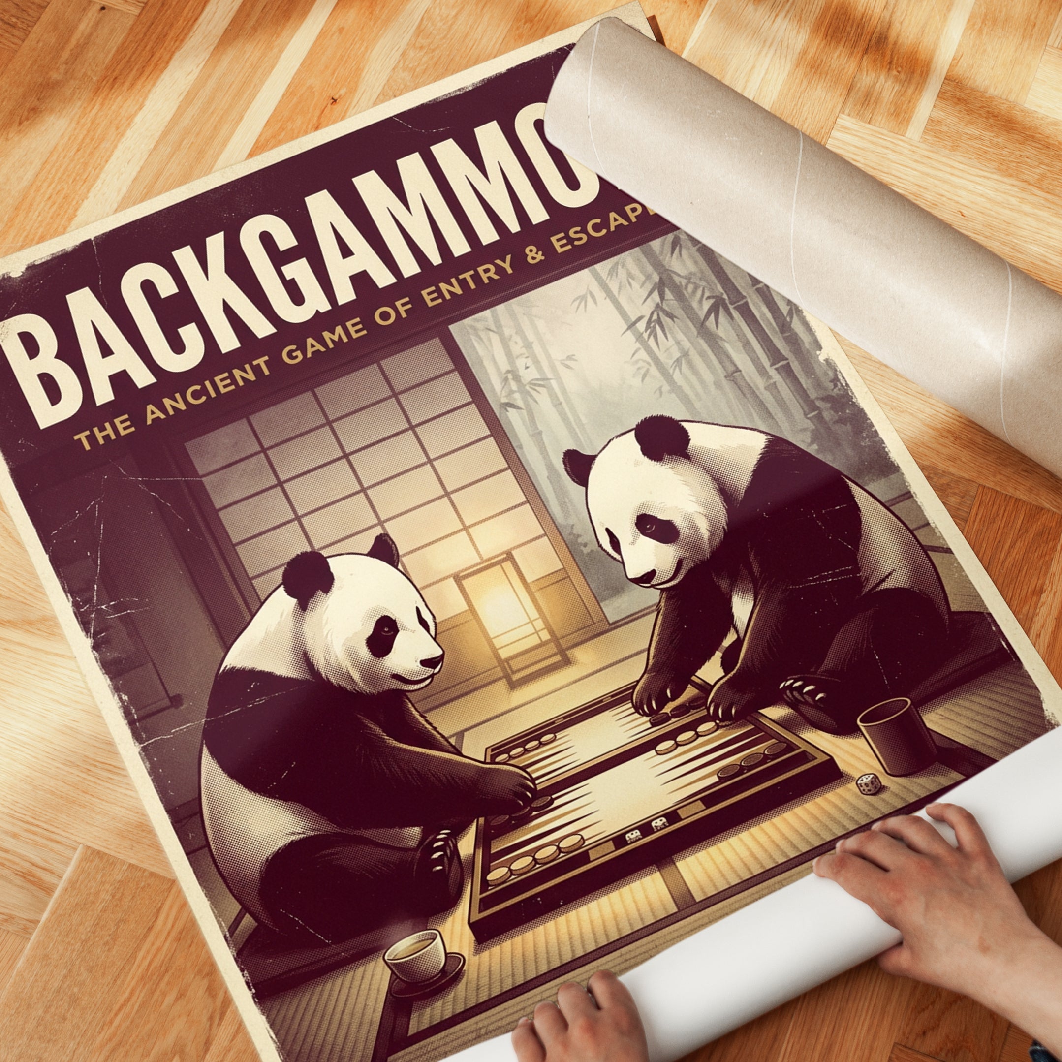 Backgammon Pandas Print: Vintage Japanese Game Room Poster - detail