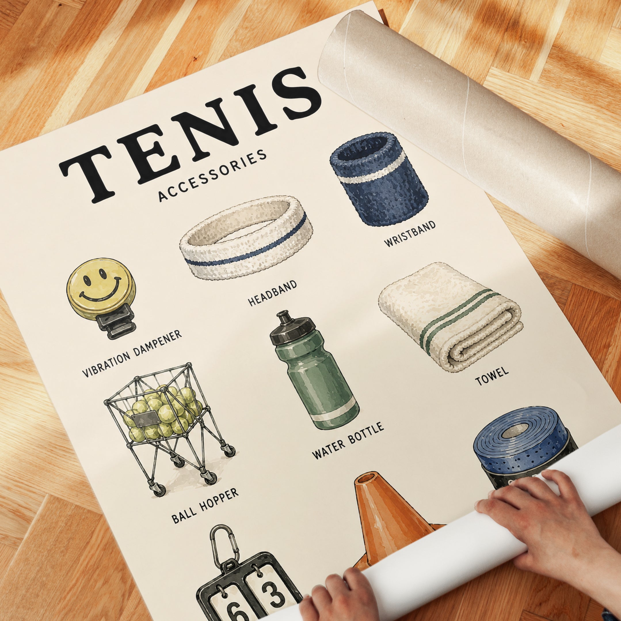 Tennis Accessories Print — Vintage Sports Illustration - detail