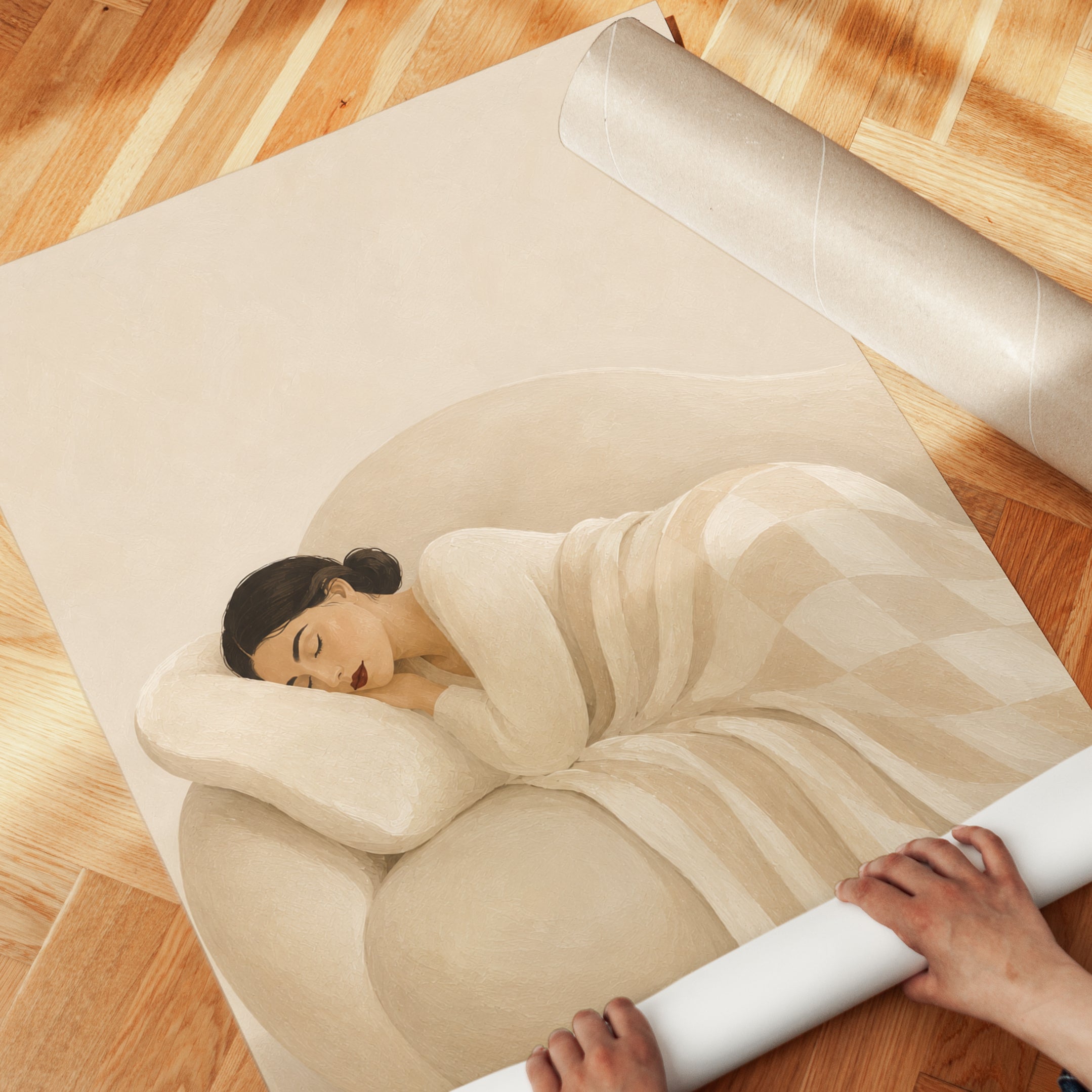 Sleeping Woman Art Deco Print: Soft Neutral Minimalist Design - detail