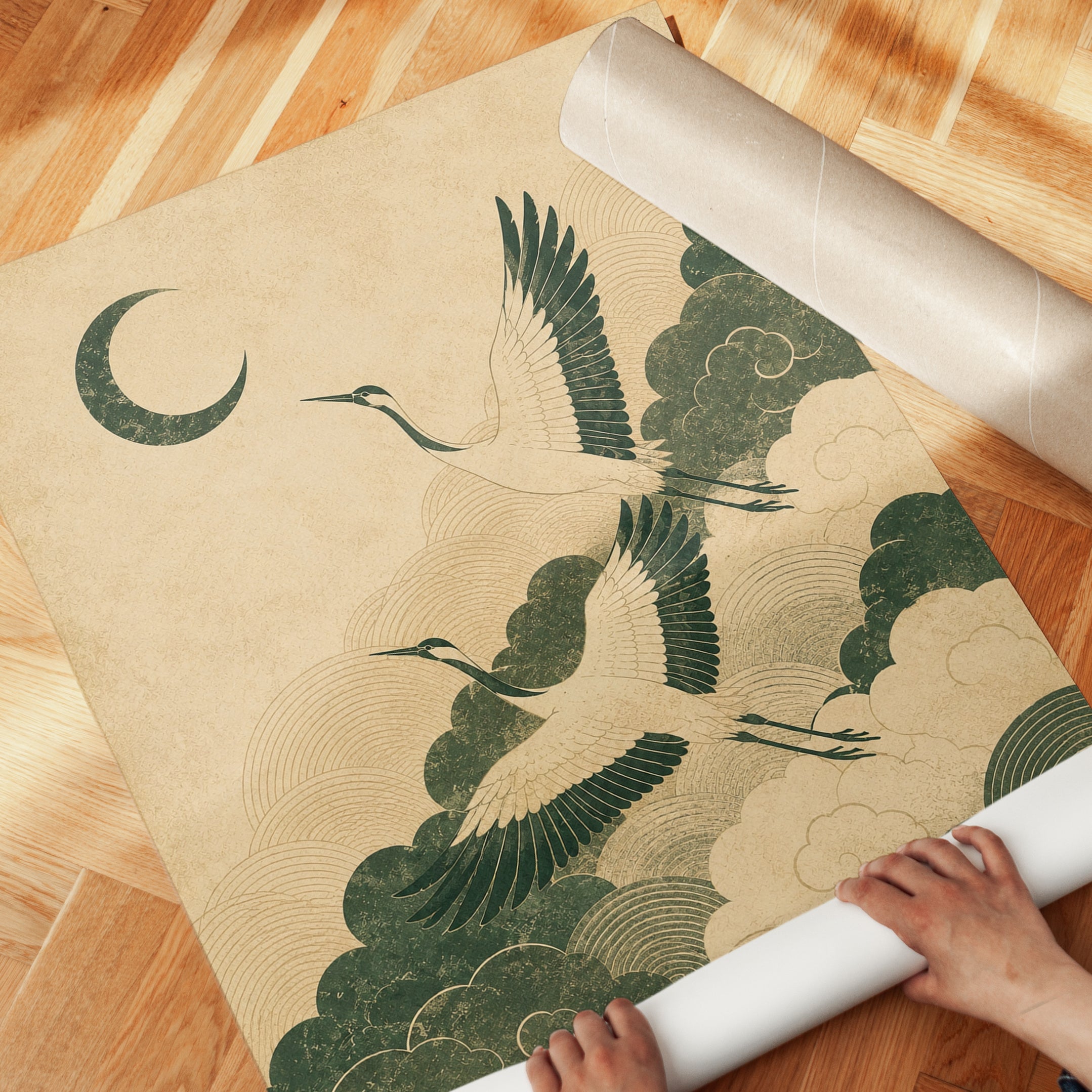 Crane Art Print: Vintage Japanese Moon and Clouds (Living Room Decor) - detail