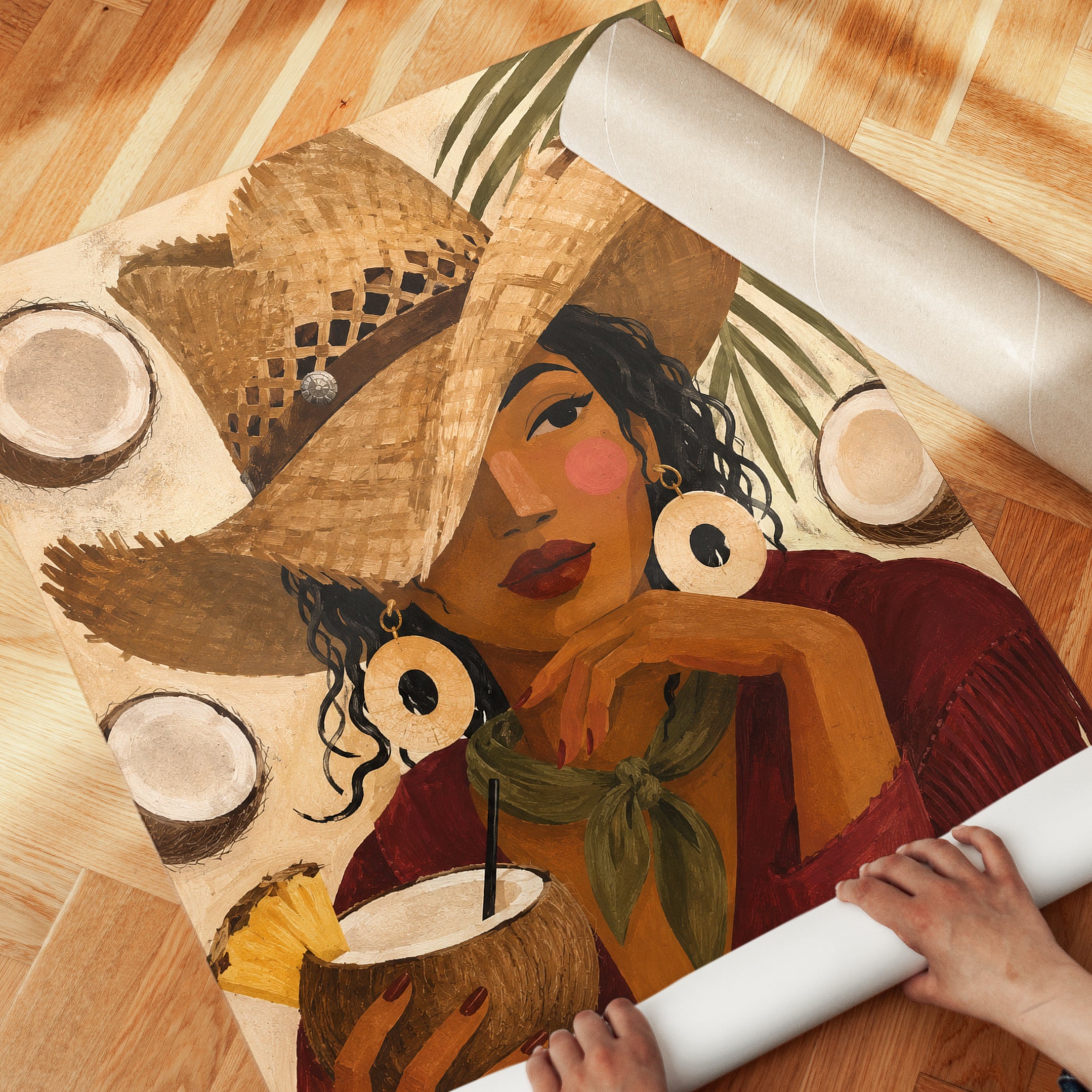 Tropical Woman With Straw Hat Art Print: Warm Boho Portrait - detail