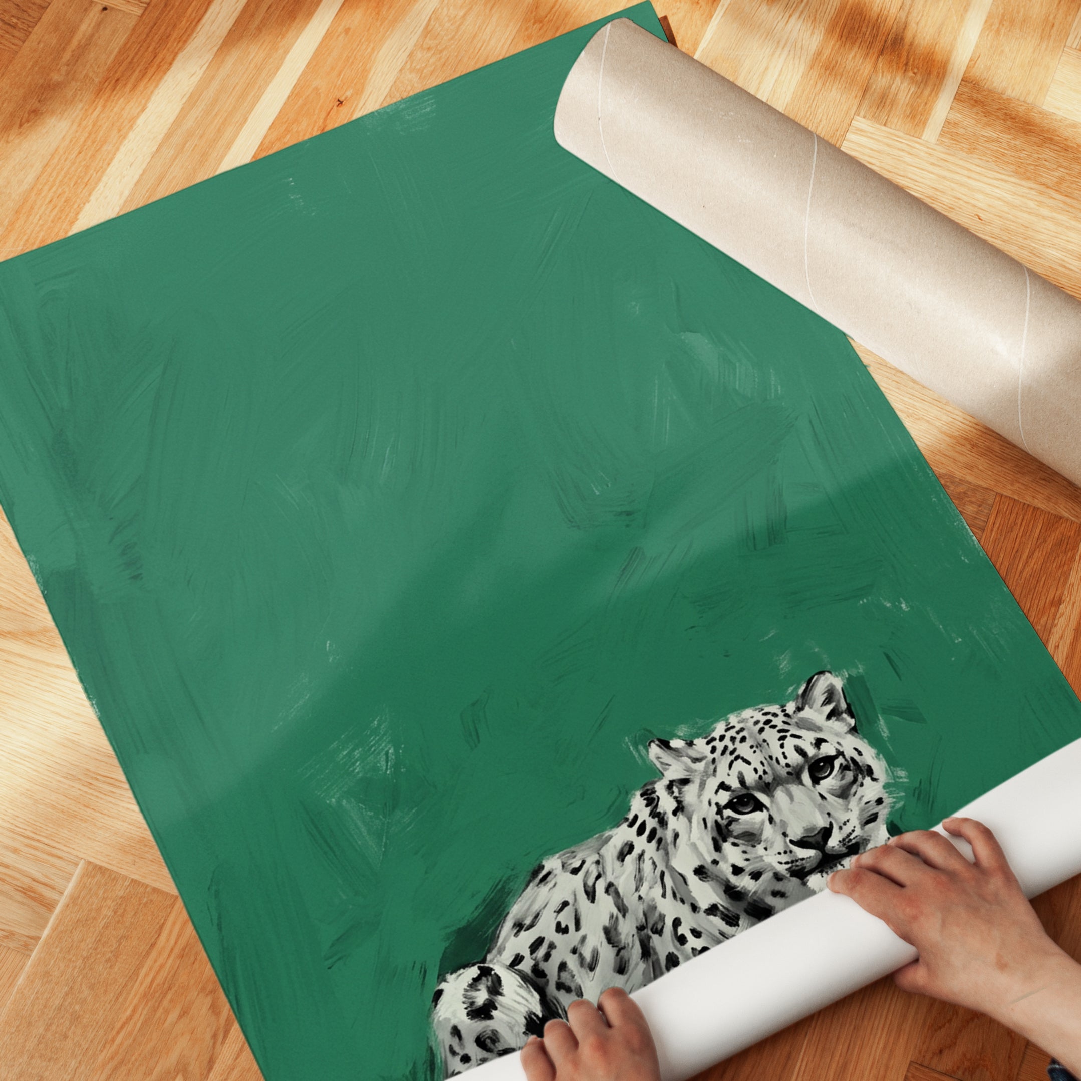 Snow Leopard Art Print: Minimalist Green Wildlife Painting - detail