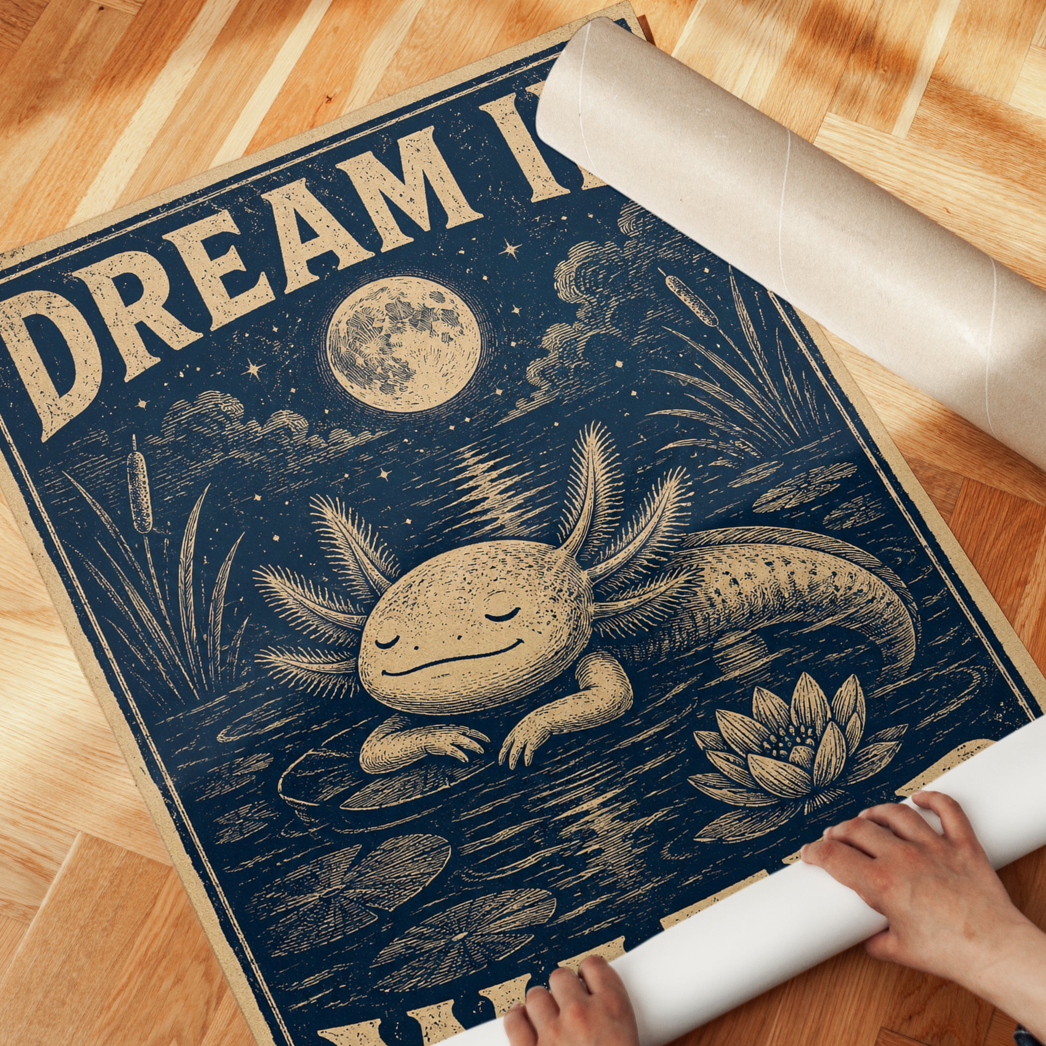 Dream in Water Axolotl Art Print: Vintage Blue Woodcut Style - detail
