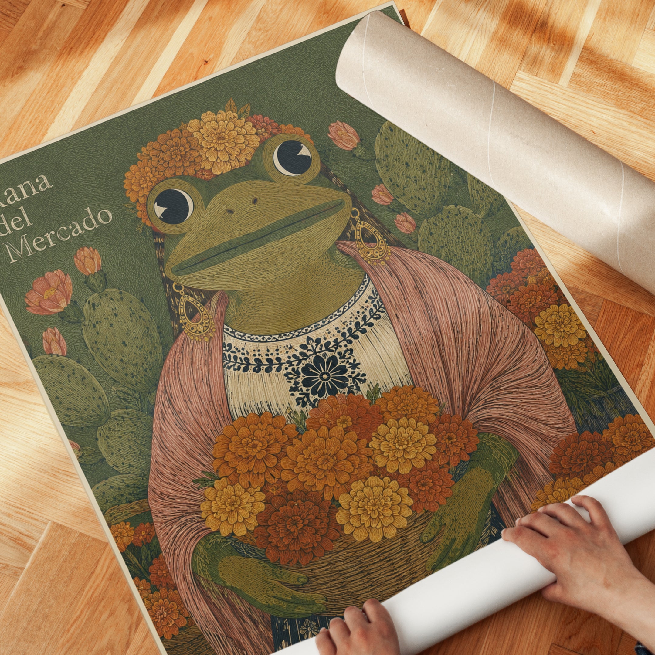Folk Art Frog Print – Mexican Botanical Wall Art - detail