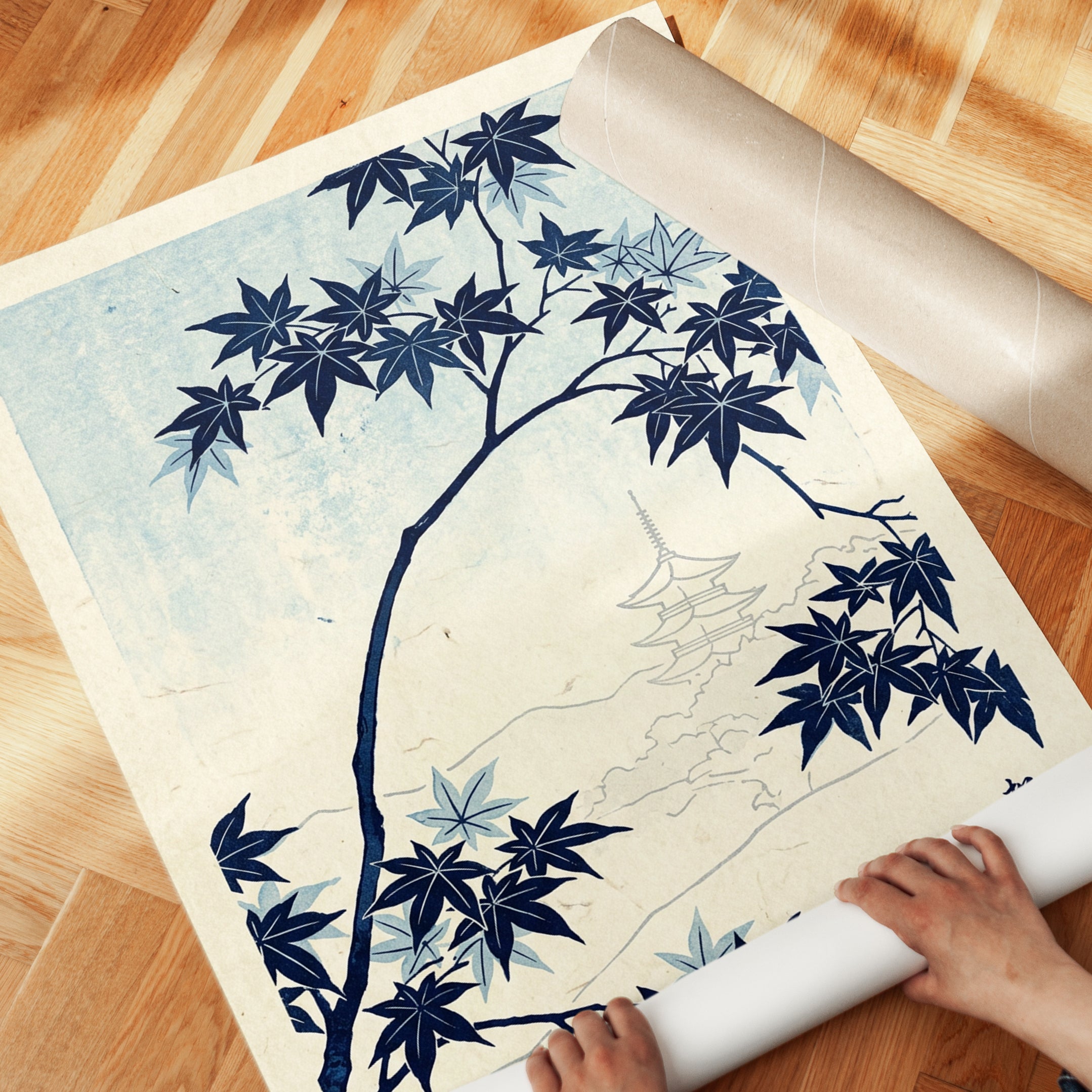 Japanese Maple and Pagoda Print: Indigo Blue Woodblock Style Art - detail