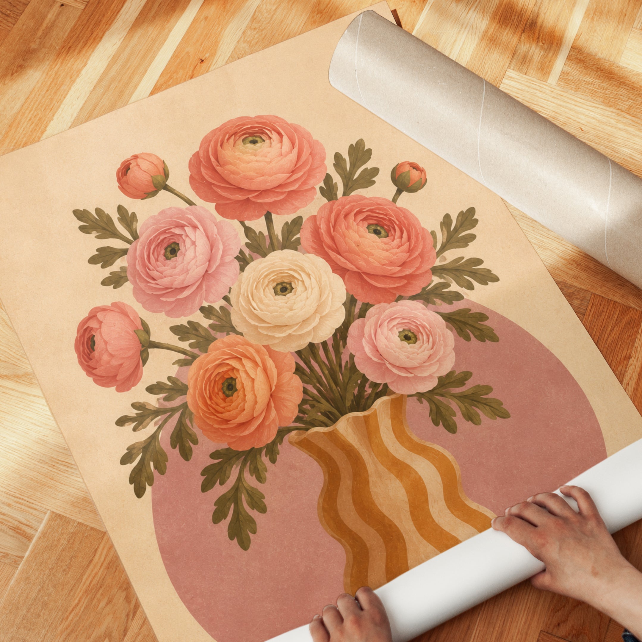 Ranunculus Vase Print – Retro Floral Wall Art - detail