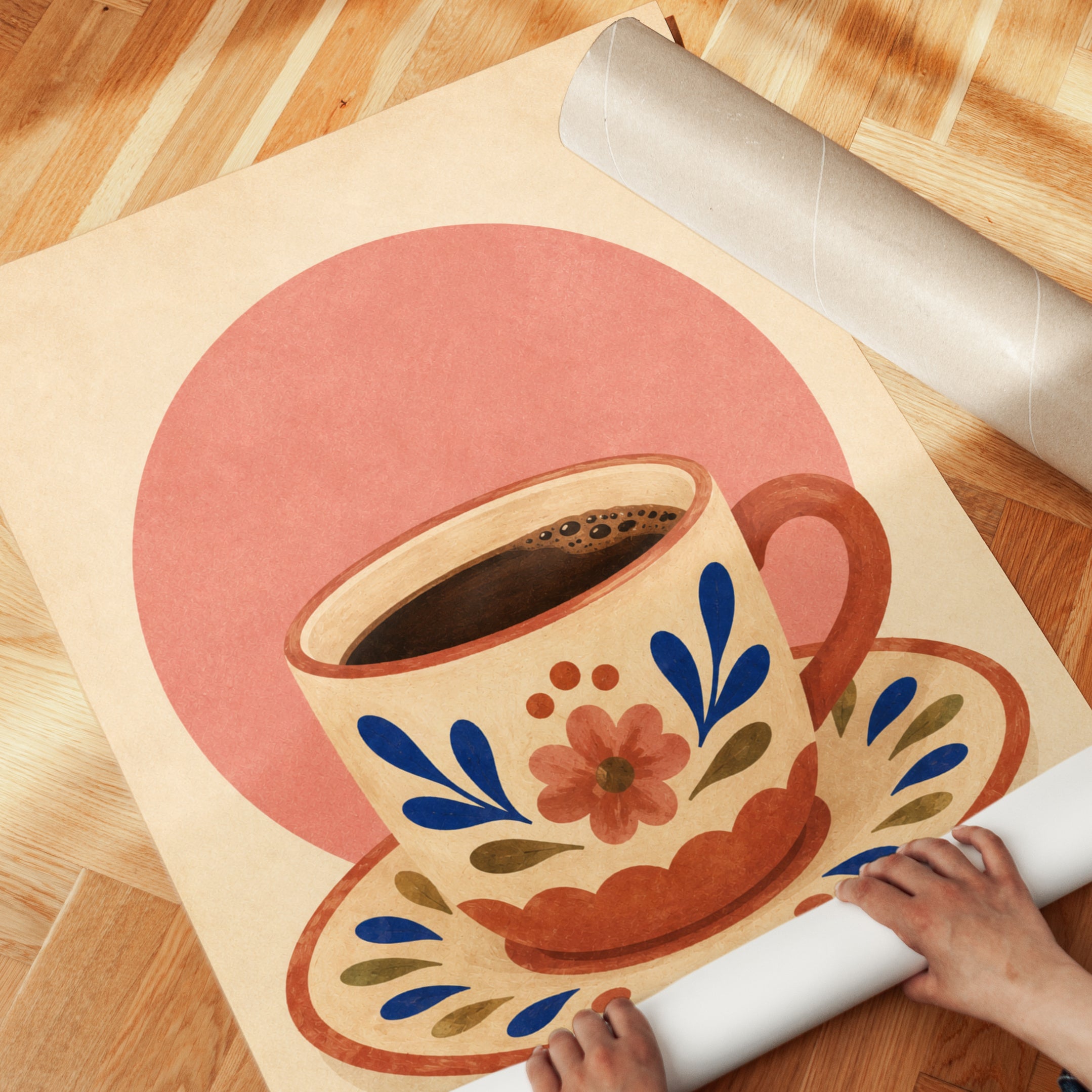 Coffee Cup Wall Art – Folk Art Kitchen Print - detail