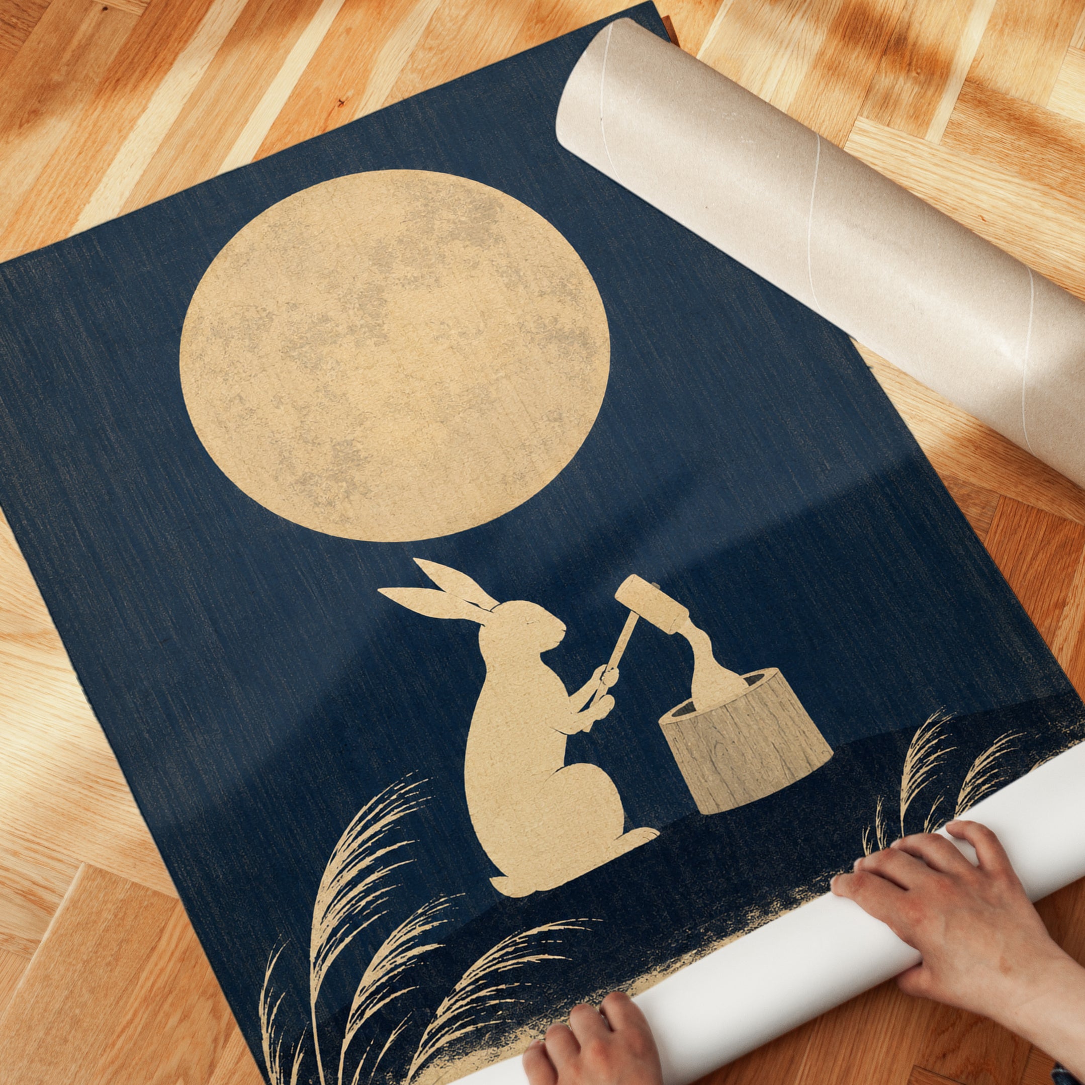 Moon Rabbit Poster: Japanese Folk Art Print with Mochi Making - detail