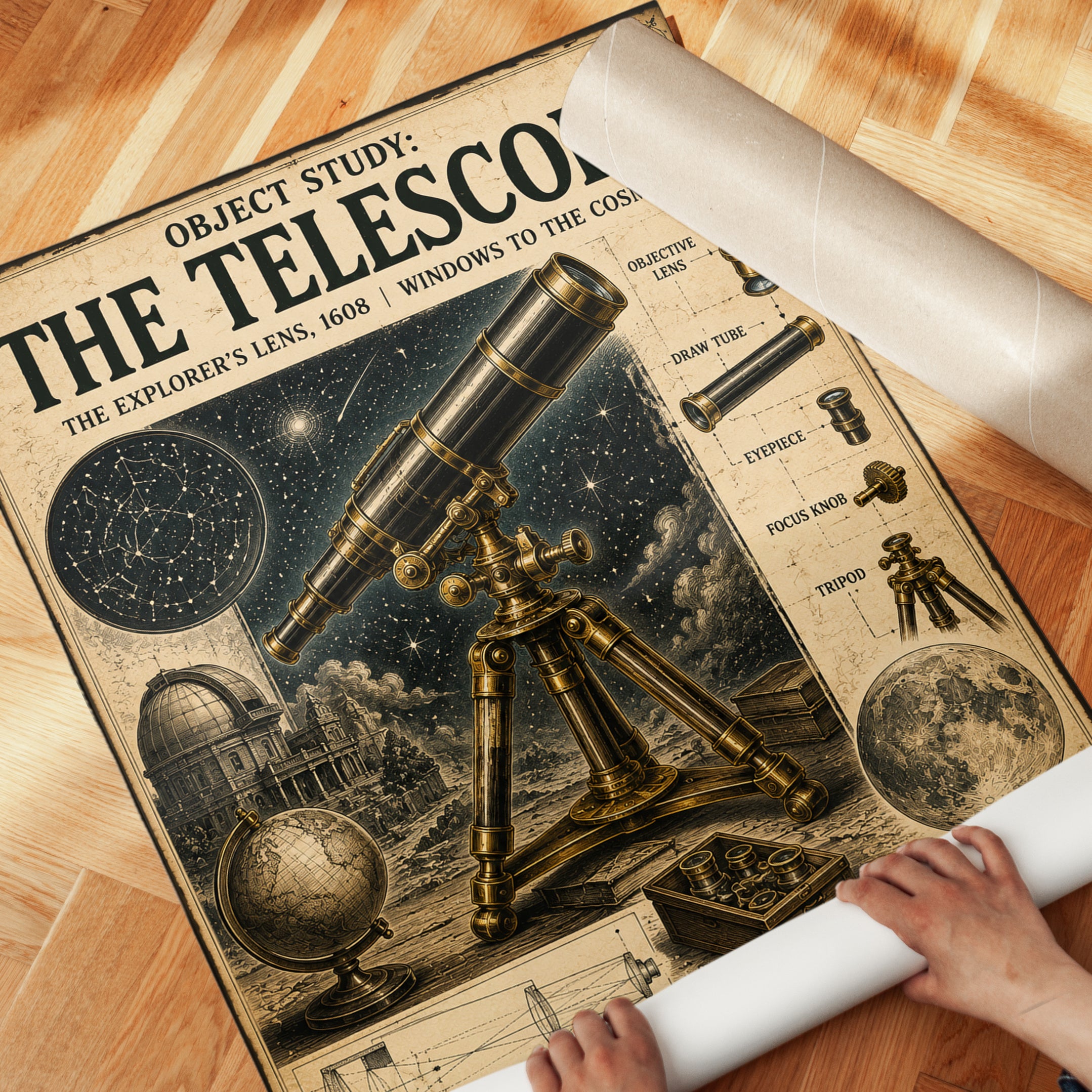 Vintage Telescope Diagram Poster: Scientific Illustration Art - detail
