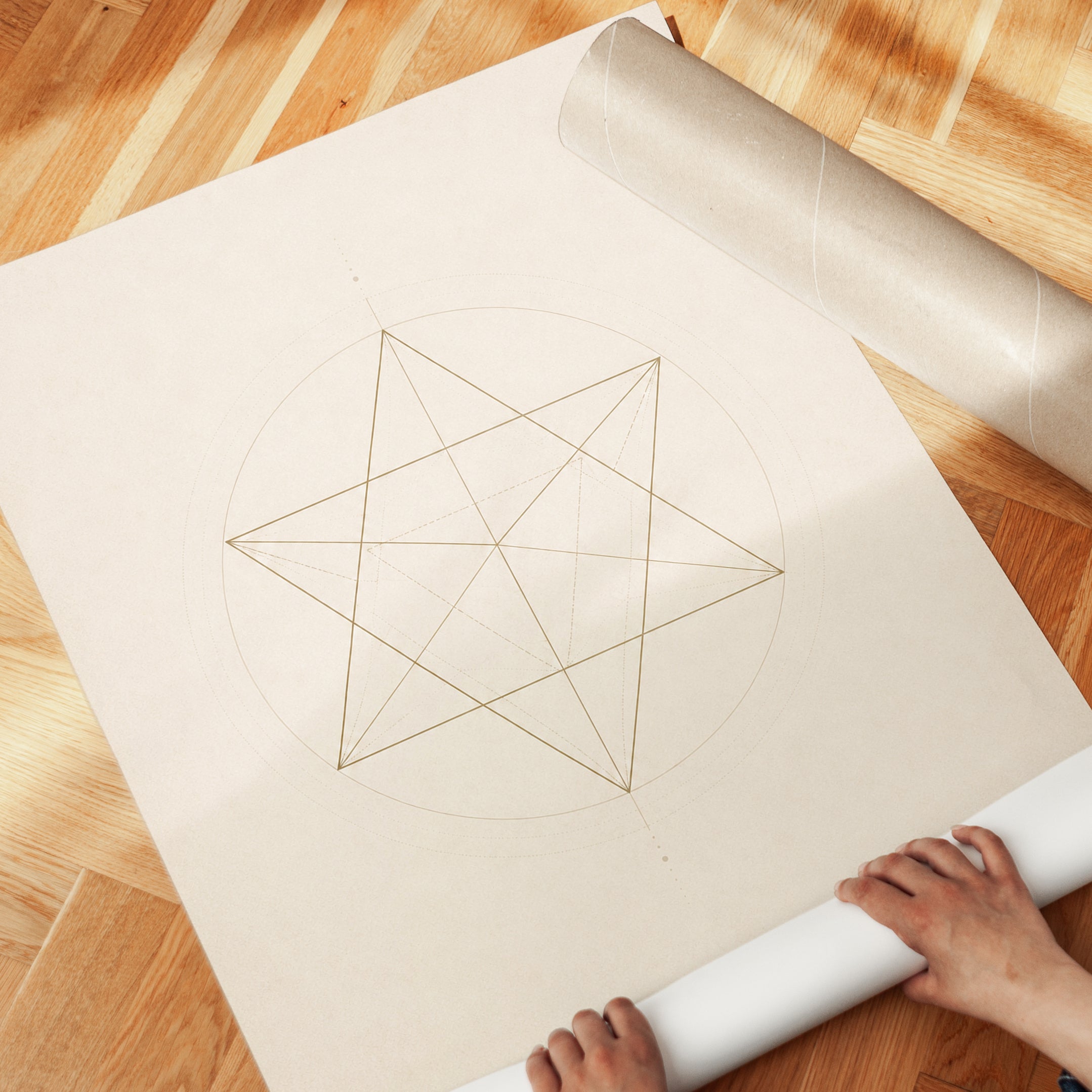 Sacred Geometry Wall Art: Merkaba Gold Line Drawing - detail
