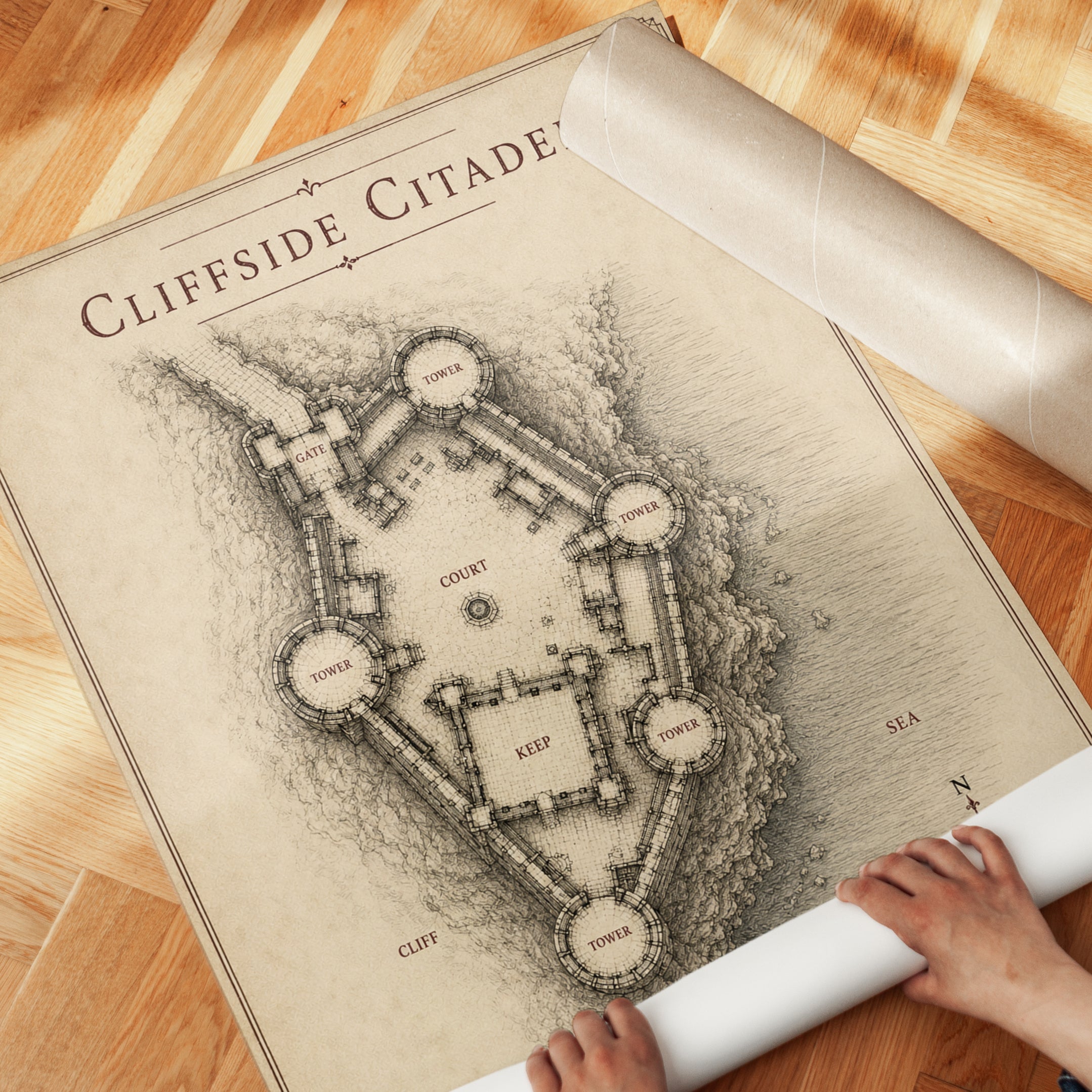 Cliffside Citadel Map Print: Medieval Fantasy Castle Blueprint - detail