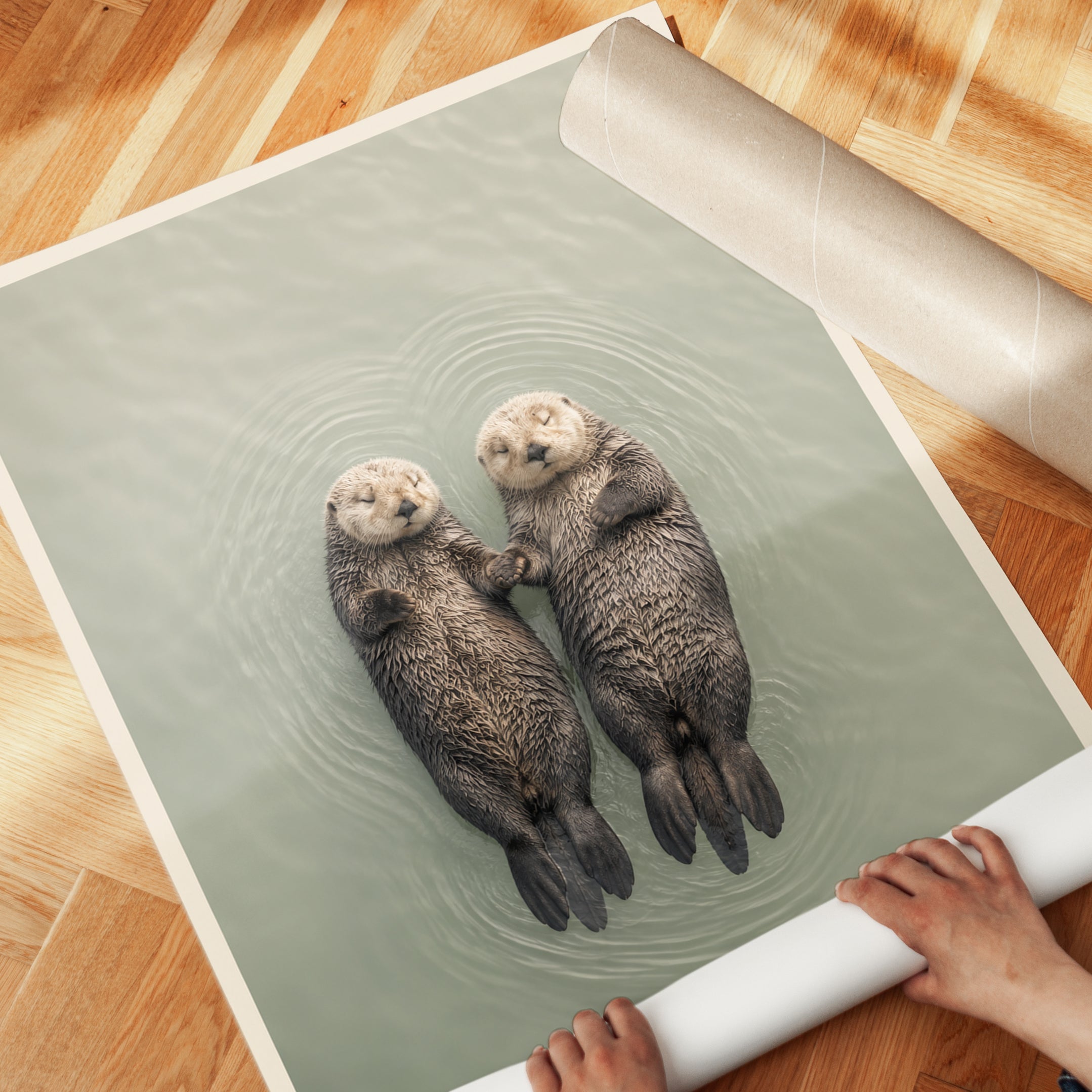 Sea Otter Print — Floating Otters Holding Hands - detail